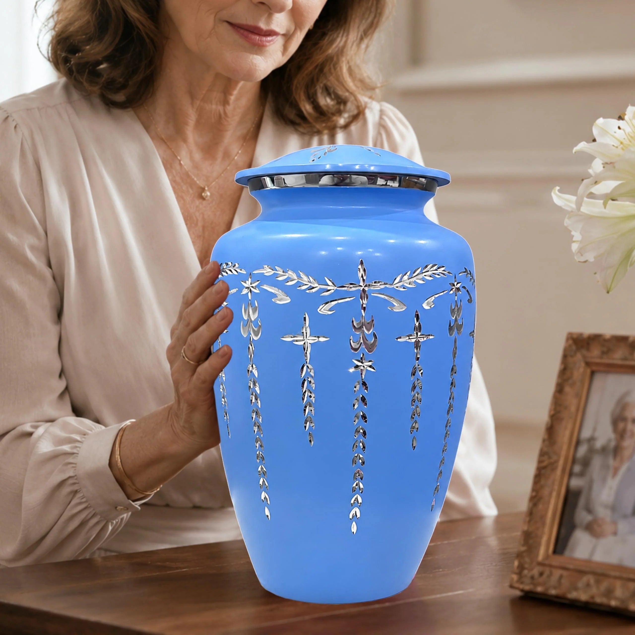 Urns Human Ashes Adult Male/Female,Creamation Urn for Human Ashes Adult Man/Women,200+ Cubic inch Capacity,Decorative Burial Urn, Funeral Cremation Urns_ 11x6.5 - Sky Blue