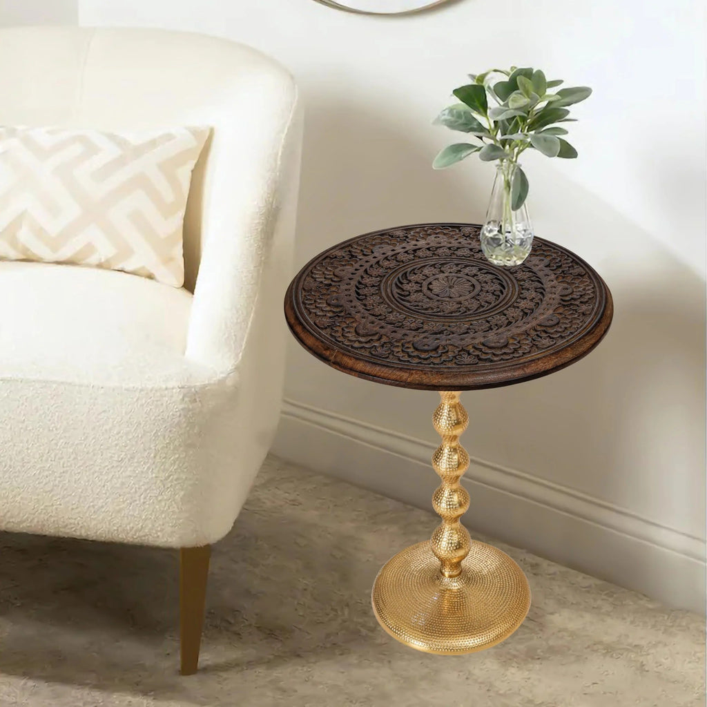 Rustic Wooden Top Round End Table Side Table for Living Room – Modern Accent Nightstand with Aluminum Gold Leg for Bedroom, Corner & Office (Walnut Gold), 18x23" – ALPHA Living Home