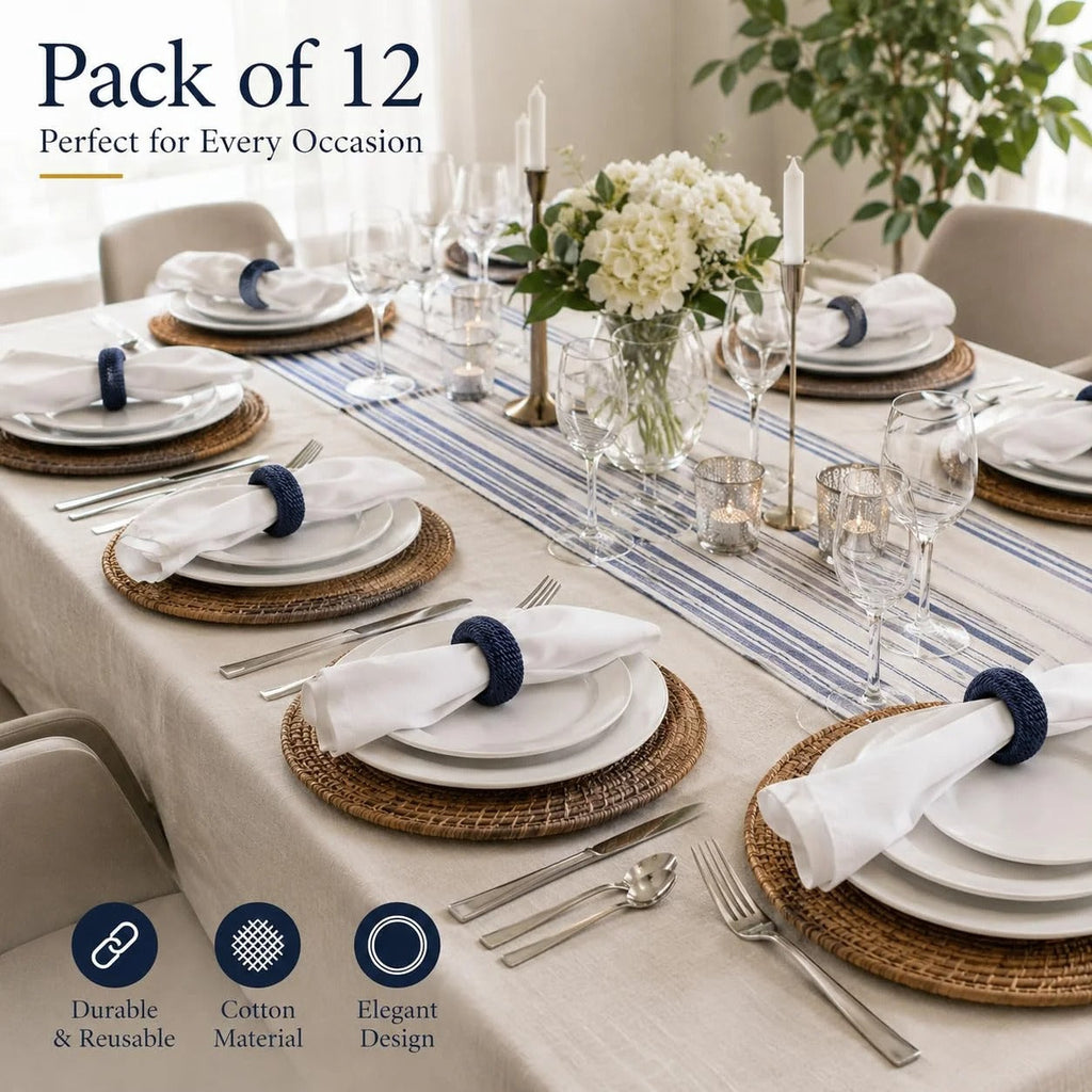 Woven Napkin Rings Set of 12 - Farmhouse Table Décor Napkin Holders for Weddings, Holiday Parties, Dining Table & Everyday Place Settings (Dark Blue)