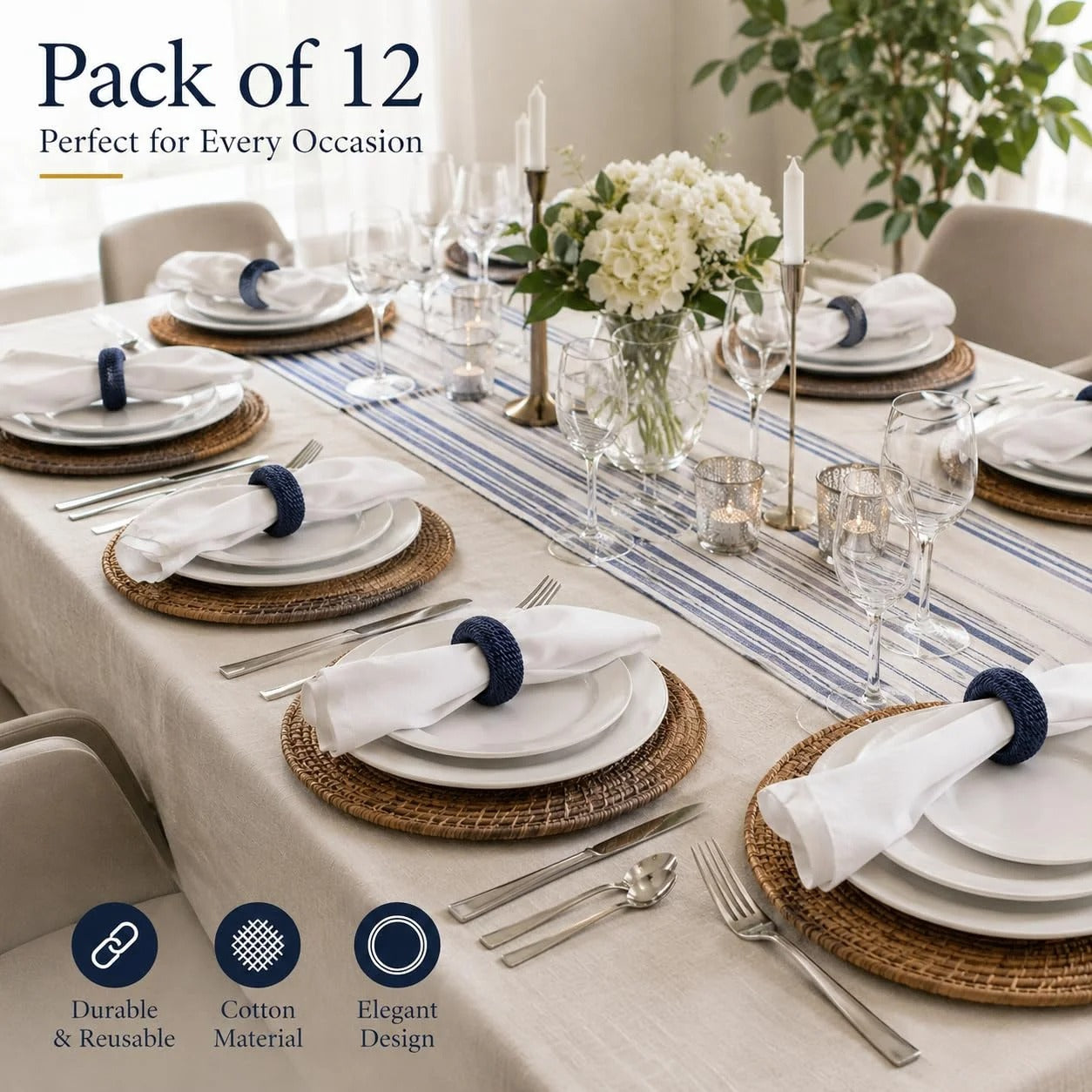 Woven Napkin Rings Set of 12 - Farmhouse Table Décor Napkin Holders for Weddings, Holiday Parties, Dining Table & Everyday Place Settings (Dark Blue)