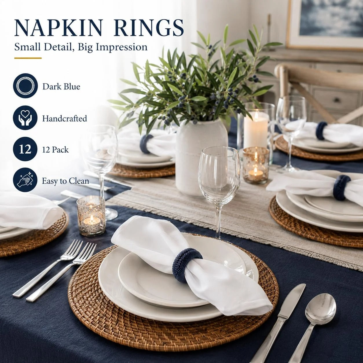 Woven Napkin Rings Set of 12 - Farmhouse Table Décor Napkin Holders for Weddings, Holiday Parties, Dining Table & Everyday Place Settings (Dark Blue)