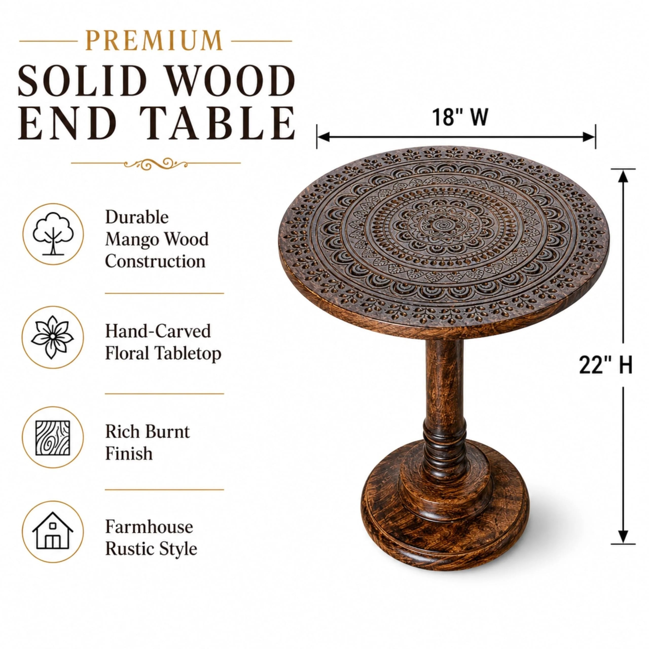 ALPHA Living Home Solid Wood End Table, Whitewash Carved Rim Small Round Side Table, 18 x 22 Inch Wooden Accent Nightstand for Living Room, Bedroom, Sofa Side & Bedside