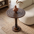 ALPHA Living Home Solid Wood End Table, Whitewash Carved Rim Small Round Side Table, 18 x 22 Inch Wooden Accent Nightstand for Living Room, Bedroom, Sofa Side & Bedside