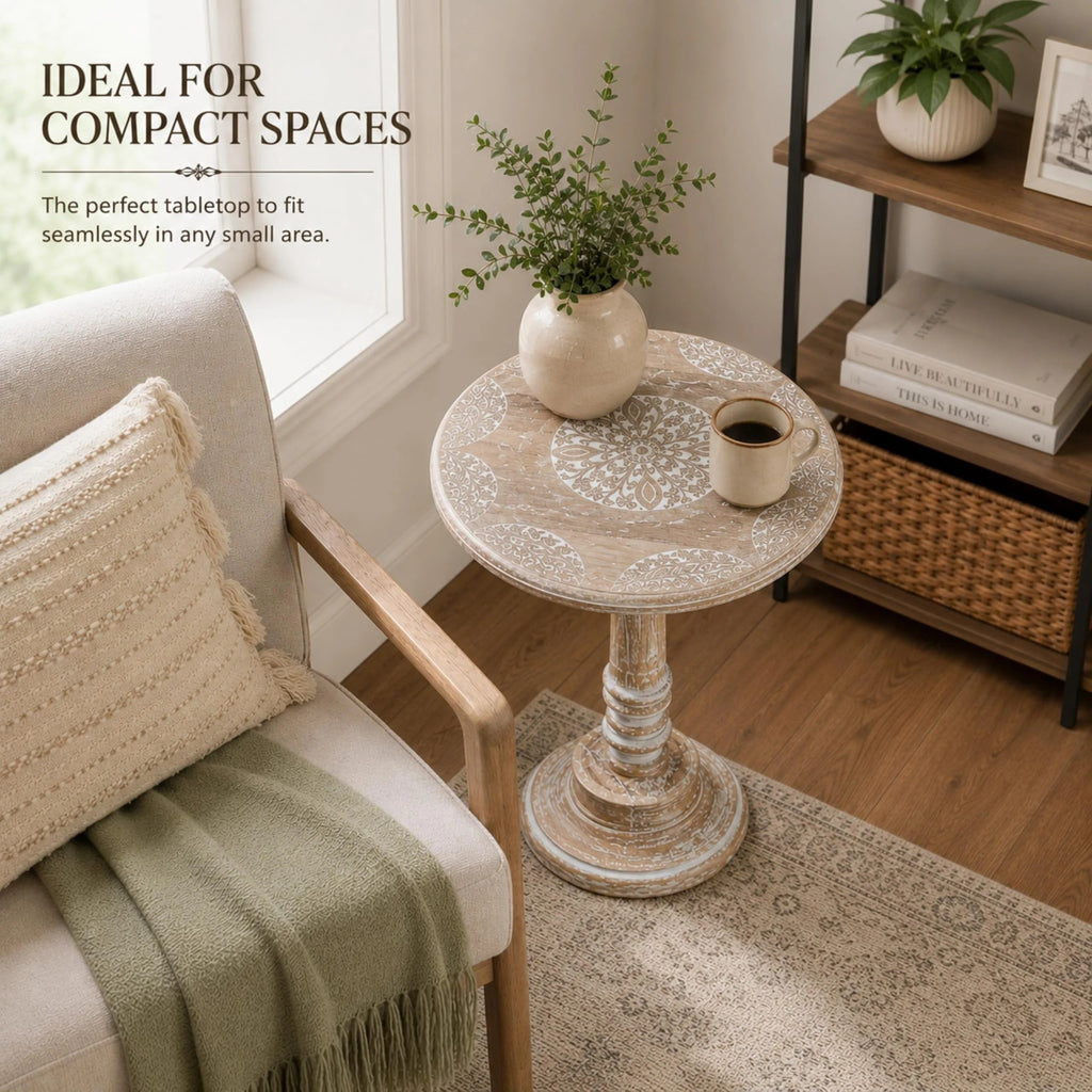 ALPHA Living Home Solid Wood End Table, Whitewash Flowers Small Round Side Table, 18 x 22 Inch Wooden Accent Nightstand for Living Room, Bedroom, Sofa Side & Bedside