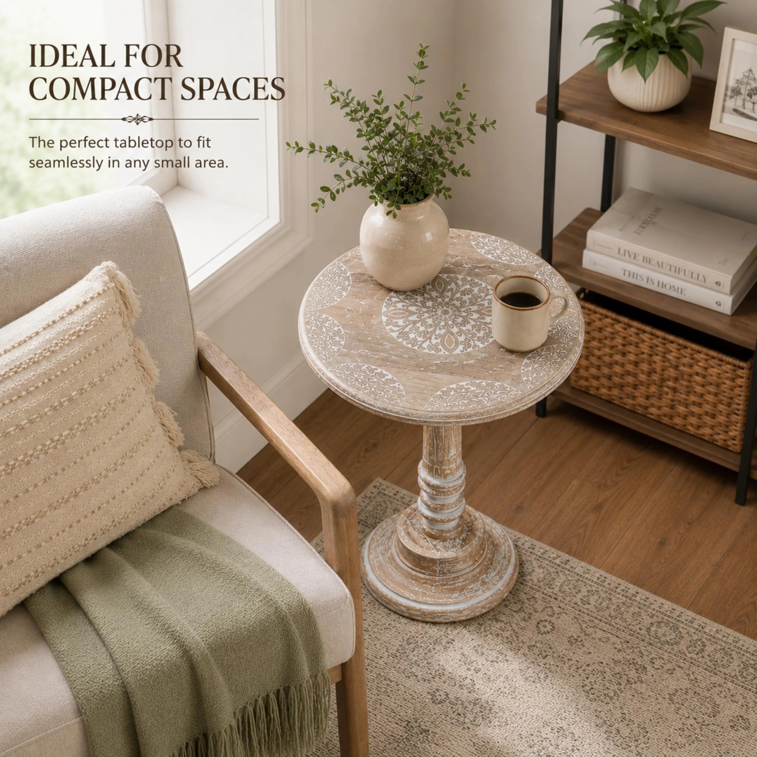 ALPHA Living Home Solid Wood End Table, Whitewash Flowers Small Round Side Table, 18 x 22 Inch Wooden Accent Nightstand for Living Room, Bedroom, Sofa Side & Bedside