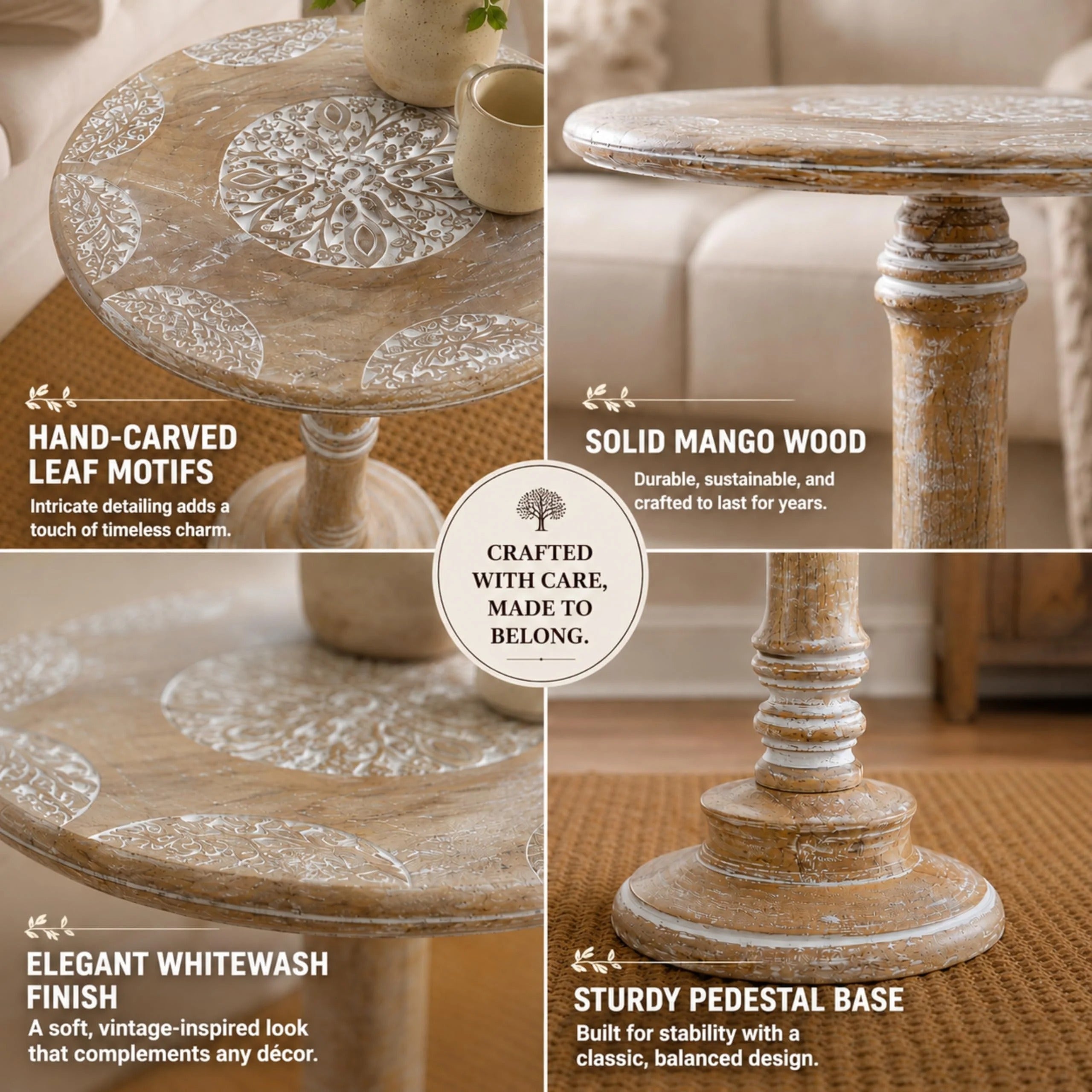 ALPHA Living Home Solid Wood End Table, Whitewash Flowers Small Round Side Table, 18 x 22 Inch Wooden Accent Nightstand for Living Room, Bedroom, Sofa Side & Bedside