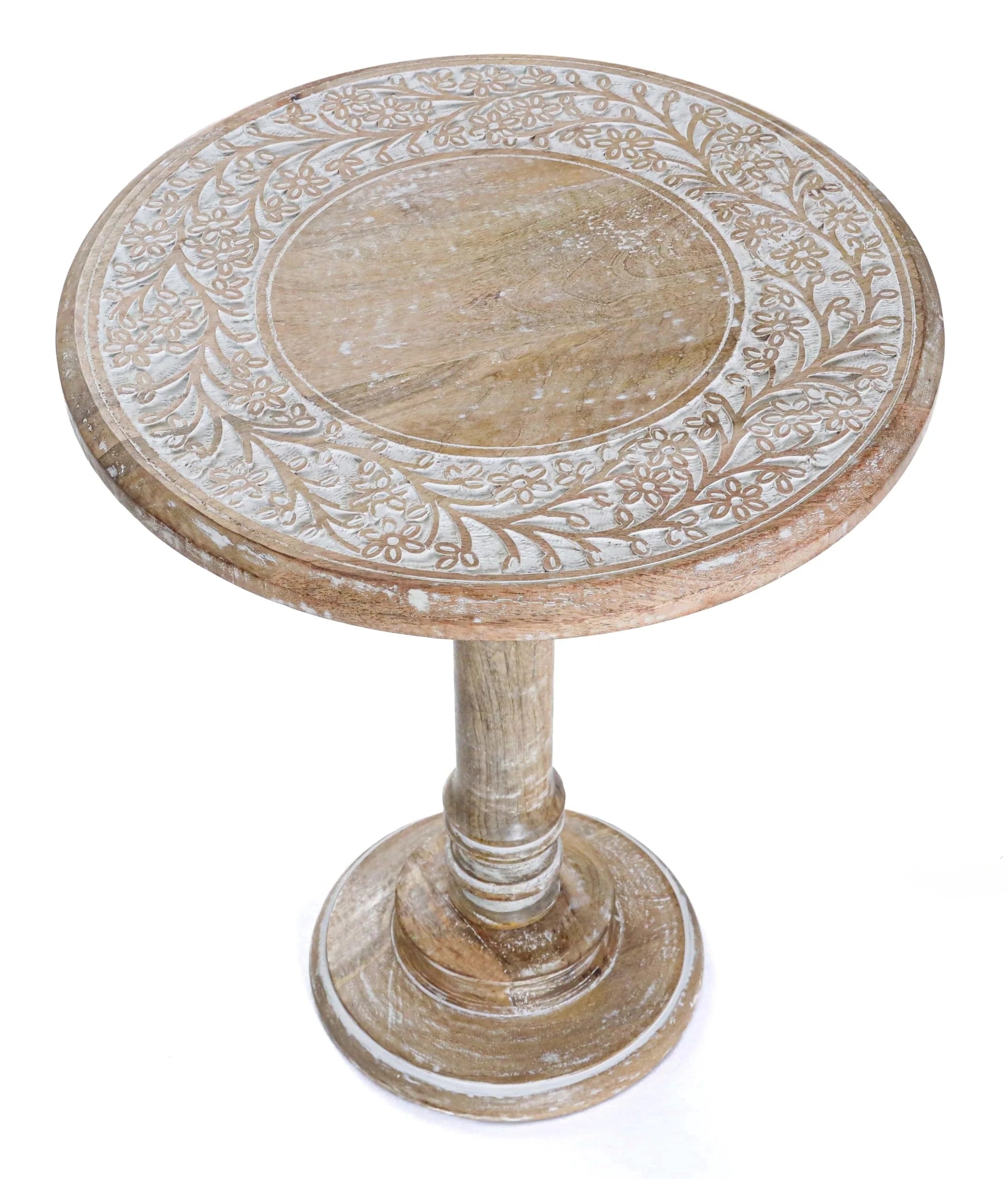 ALPHA Living Home Solid Wood End Table, Whitewash Flowers Small Round Side Table, 18 x 22 Inch Wooden Accent Nightstand for Living Room, Bedroom, Sofa Side & Bedside