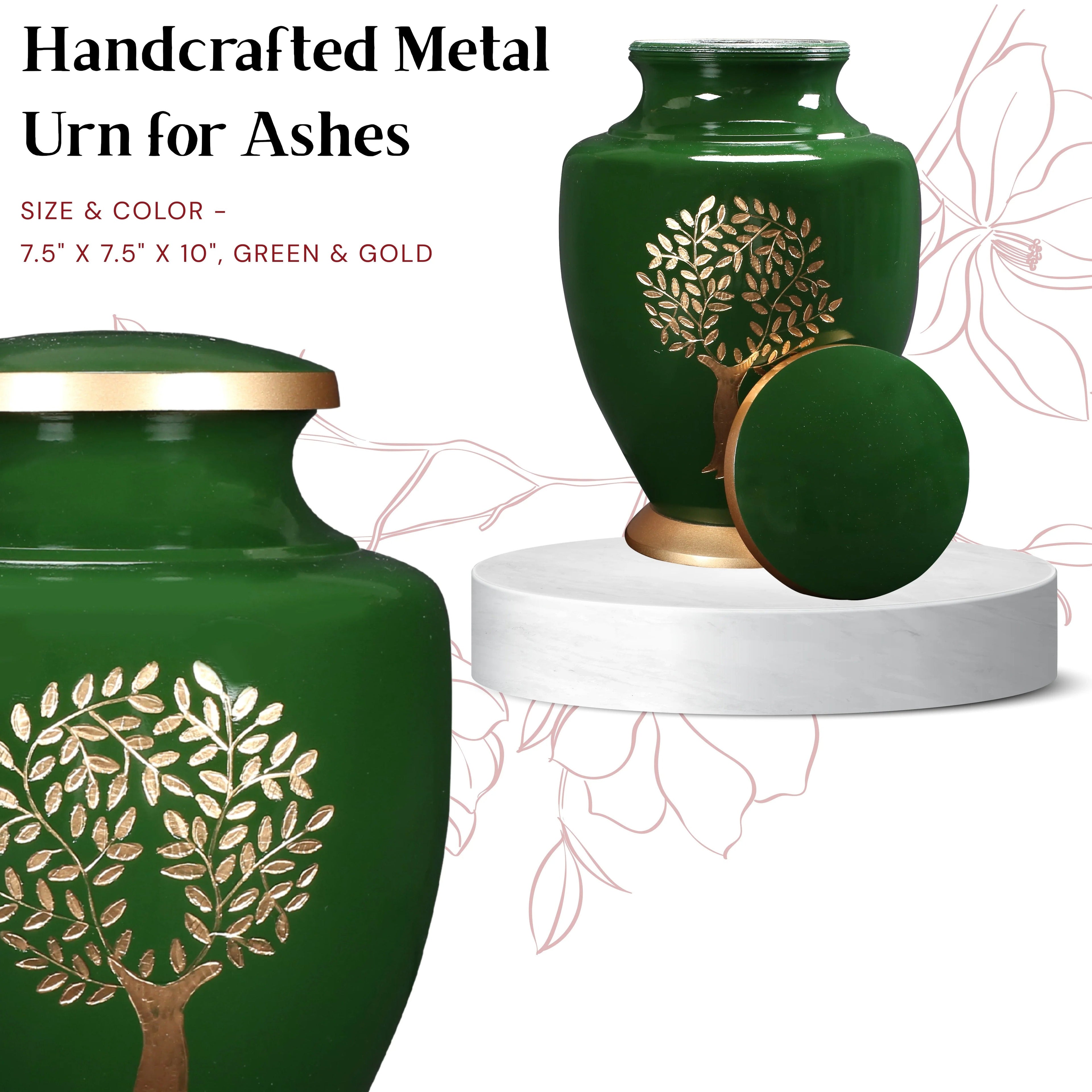 Cremation Urns for Human Ashes Adult – Handcrafted Metal Funeral Urn with Tree Engraving & Velvet Carry Bag, Secure Screw Lid Memorial Burial Urn