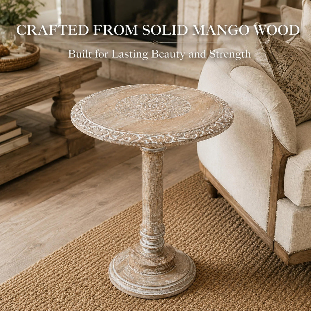 ALPHA Living Home Solid Wood End Table, Whitewash Star Small Round Side Table, 18 x 22 Inch Wooden Accent Nightstand for Living Room, Bedroom, Sofa Side & Bedside