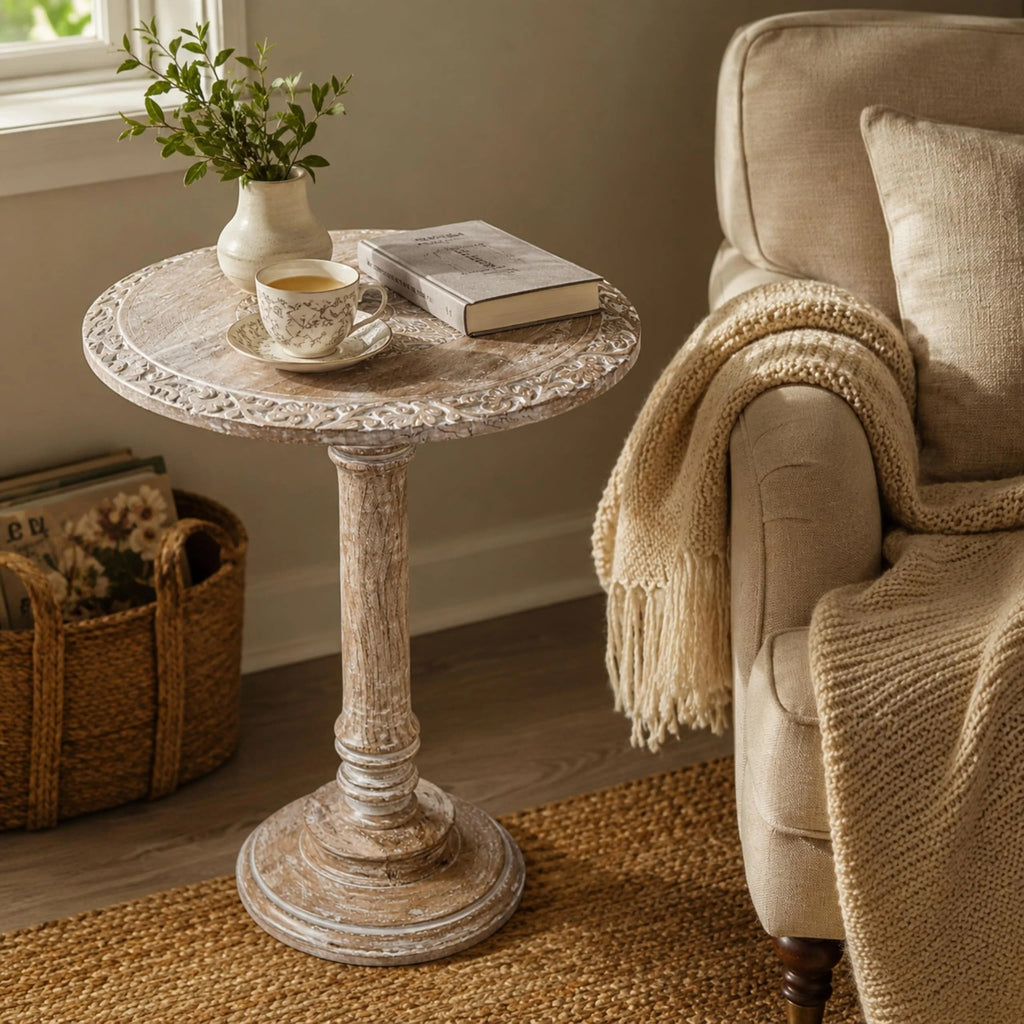 ALPHA Living Home Solid Wood End Table, Whitewash Star Small Round Side Table, 18 x 22 Inch Wooden Accent Nightstand for Living Room, Bedroom, Sofa Side & Bedside