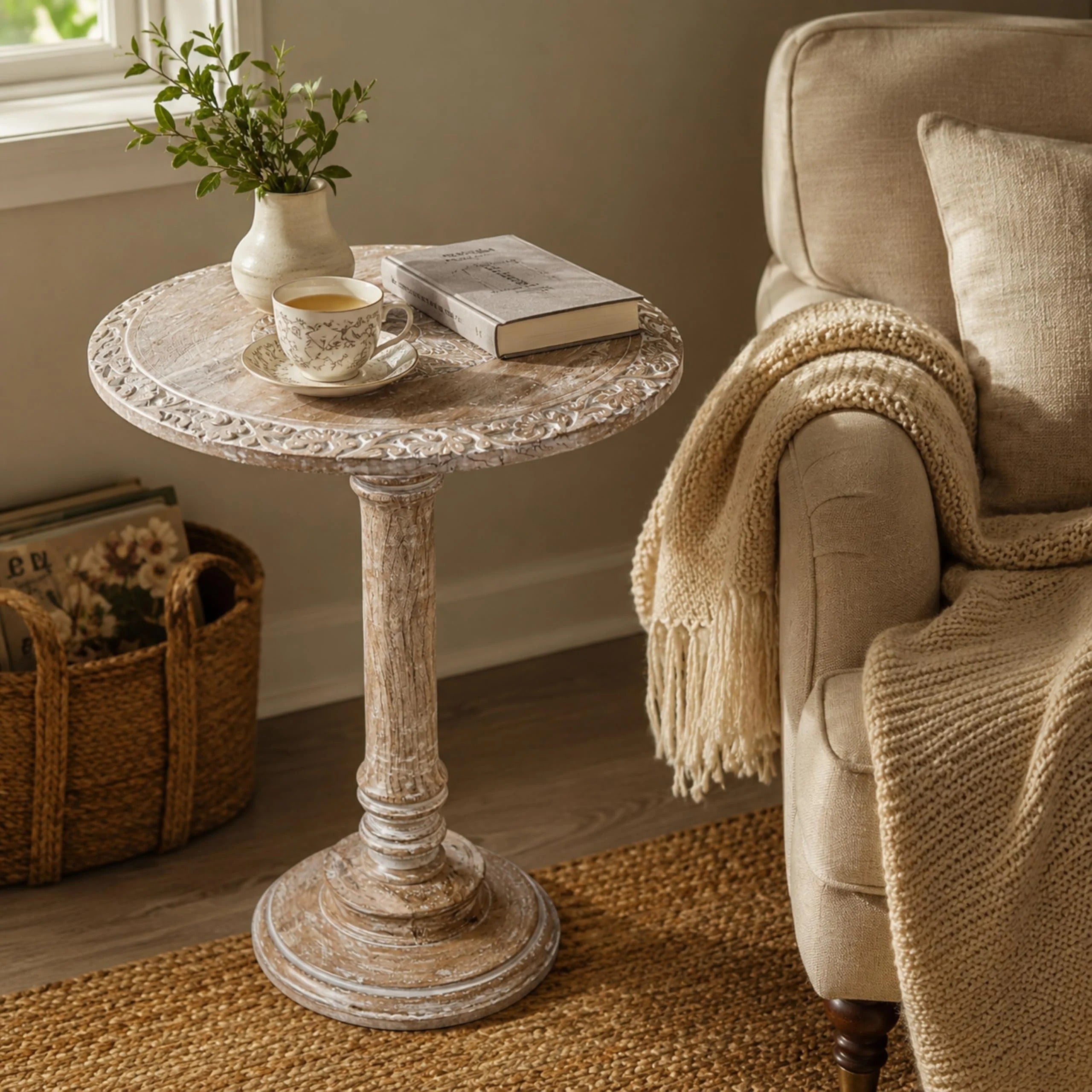 ALPHA Living Home Solid Wood End Table, Whitewash Star Small Round Side Table, 18 x 22 Inch Wooden Accent Nightstand for Living Room, Bedroom, Sofa Side & Bedside