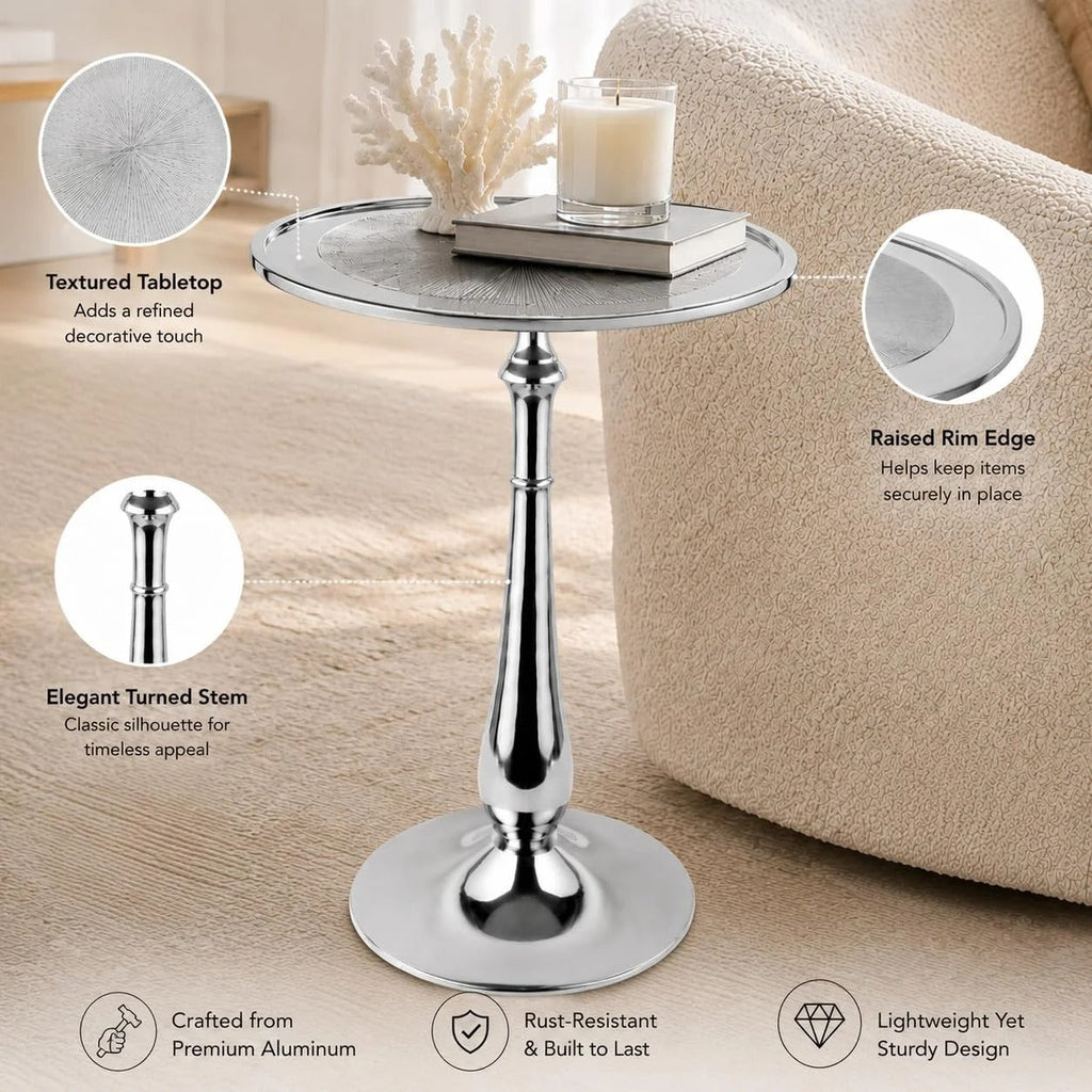 ALPHA Living Home Solid Wood End Table, Whitewash Carved Rim Small Round Side Table, 18 x 22 Inch Wooden Accent Nightstand for Living Room, Bedroom, Sofa Side & Bedside