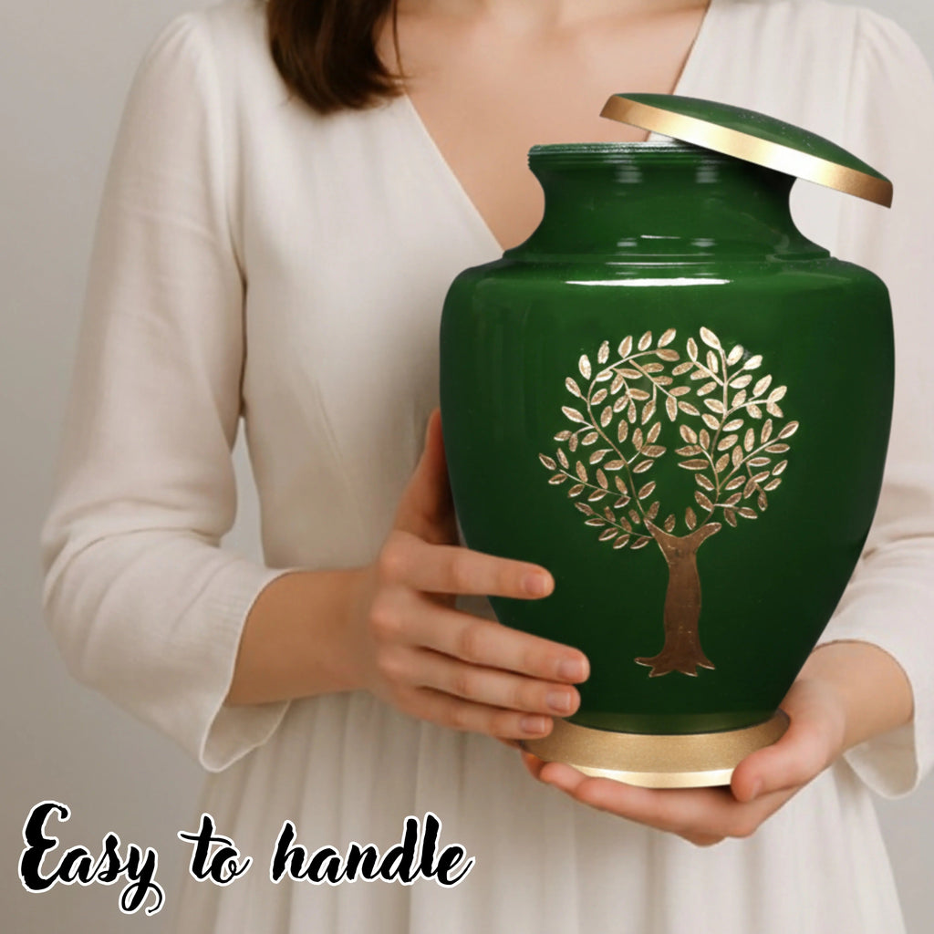 Cremation Urns for Human Ashes Adult – Handcrafted Metal Funeral Urn with Tree Engraving & Velvet Carry Bag, Secure Screw Lid Memorial Burial Urn