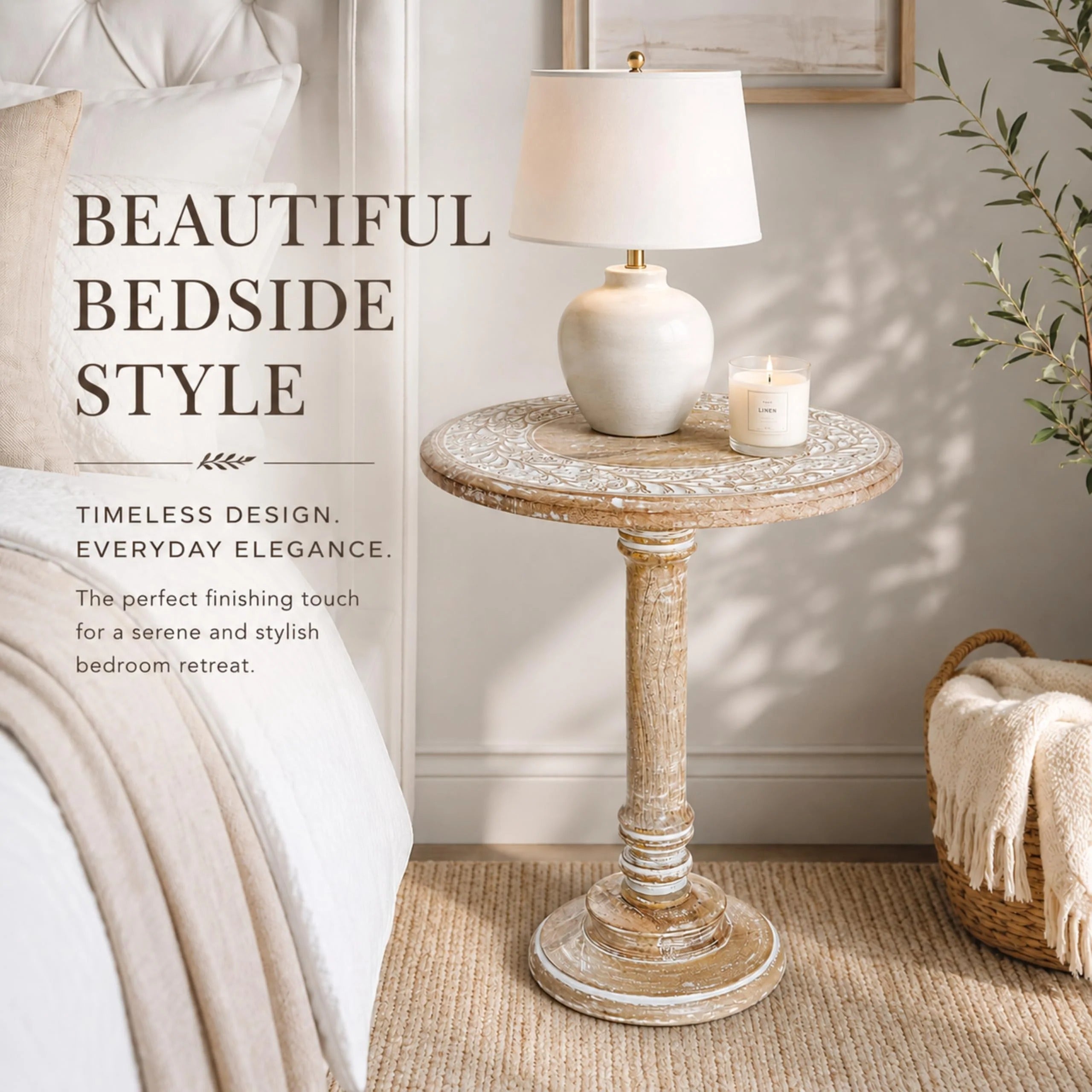 ALPHA Living Home Solid Wood End Table, Whitewash Flowers Small Round Side Table, 18 x 22 Inch Wooden Accent Nightstand for Living Room, Bedroom, Sofa Side & Bedside
