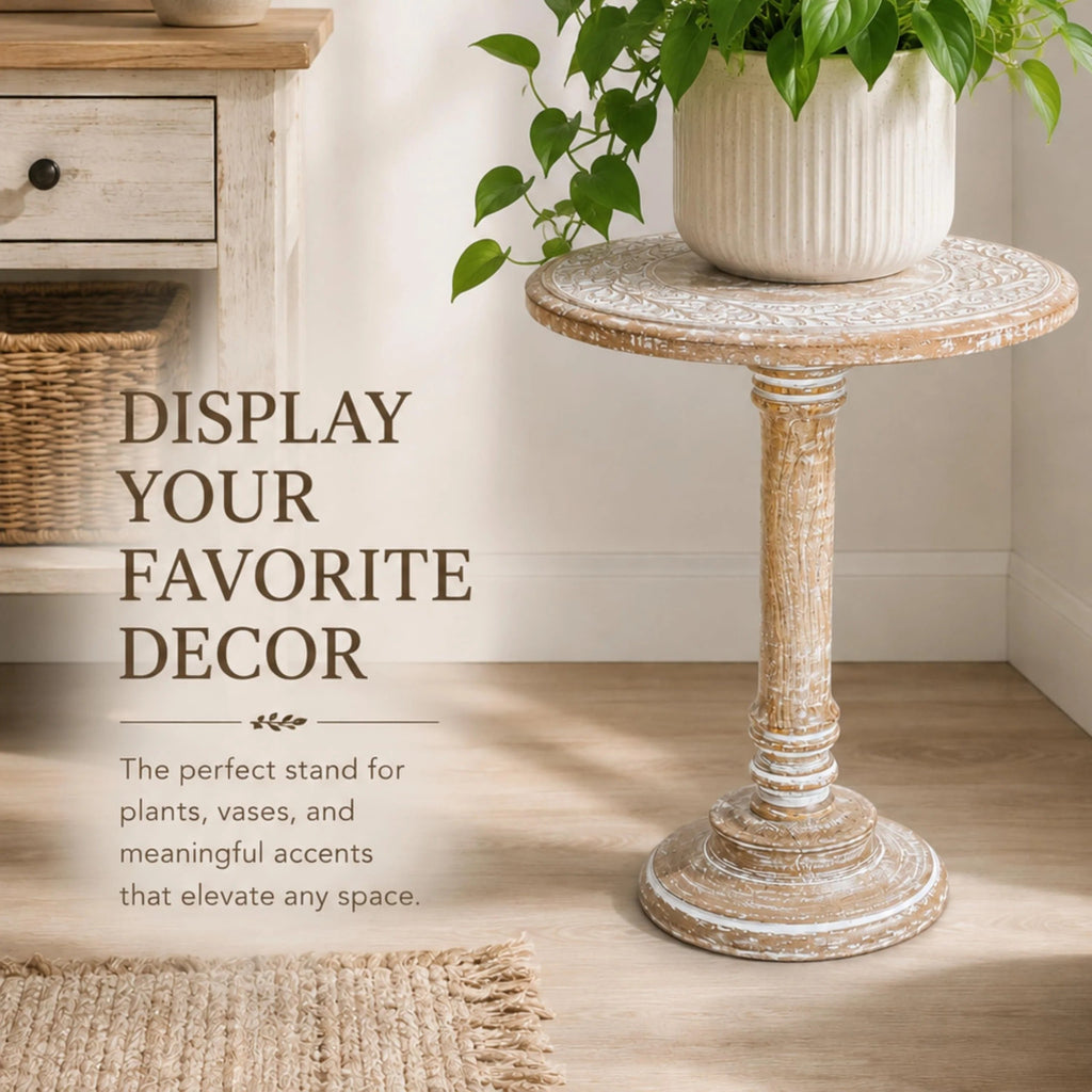 ALPHA Living Home Solid Wood End Table, Whitewash Flowers Small Round Side Table, 18 x 22 Inch Wooden Accent Nightstand for Living Room, Bedroom, Sofa Side & Bedside