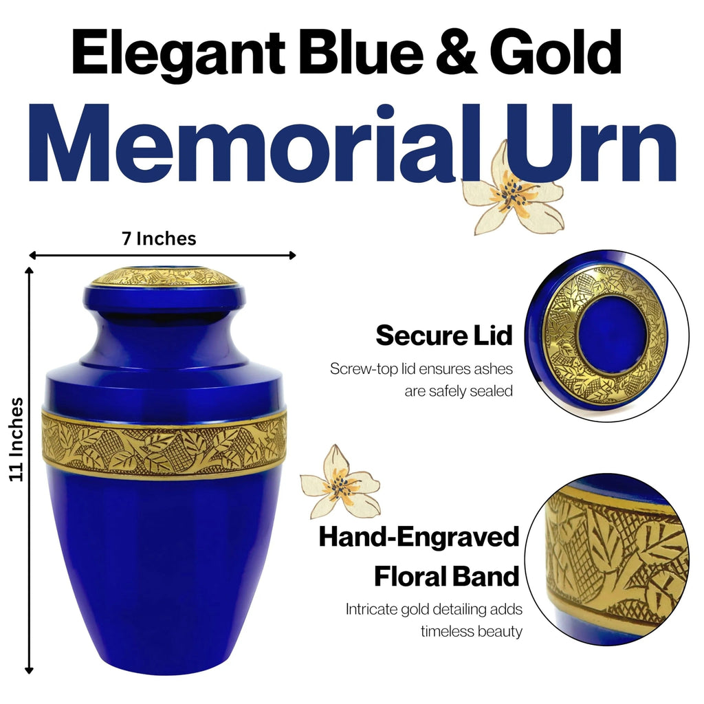 ALPHA Living HOME Urns for Human Ashes Adult Female and Male 200+ Cubic Inches, Decorative Burial Urn, Funeral Cremation Urns for Women and Men, Handcrafted Urn for Ashes Adult, 11" Blue Gold