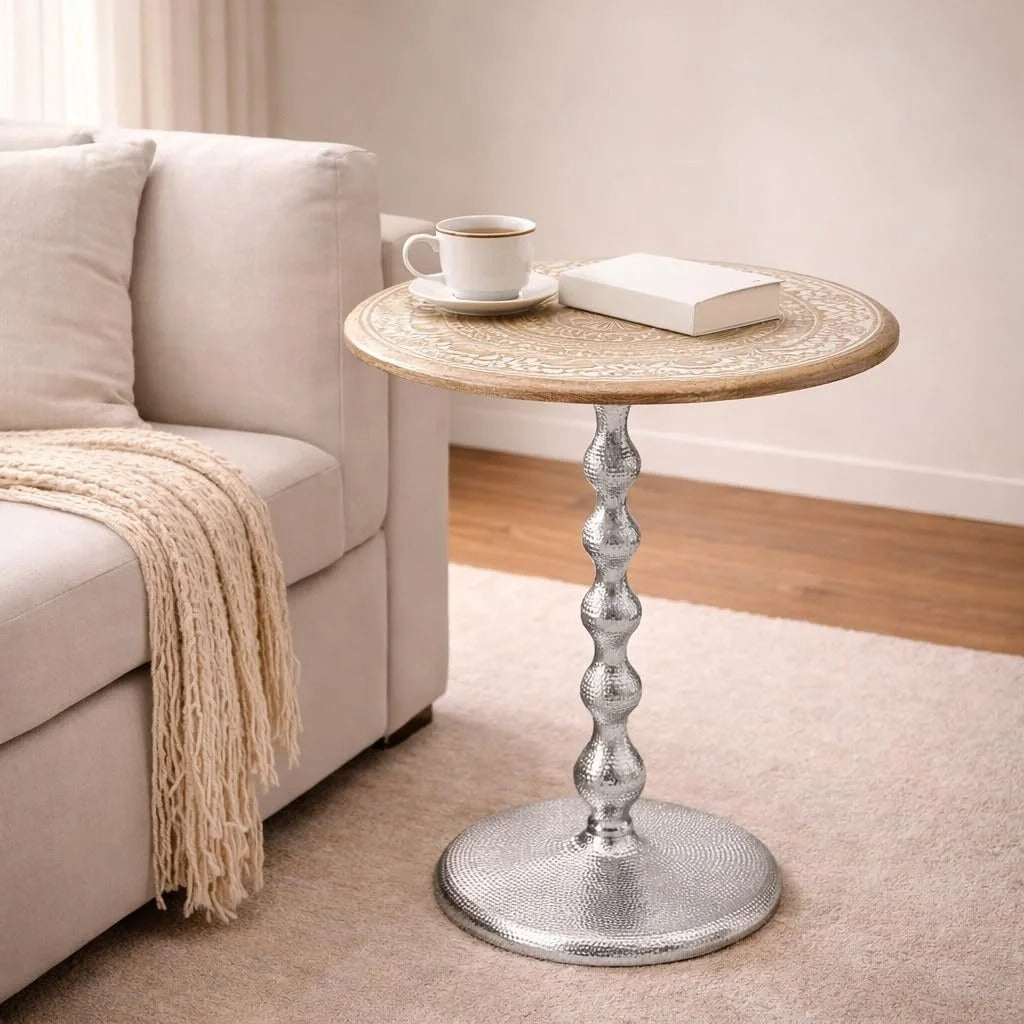 Modern End Table with Wood Top & Aluminum Base for Living Room, Bedroom & Sofa Side | Contemporary Side Table Accent Furniture for Small Spaces | Stylish Metal End Table - White Wash