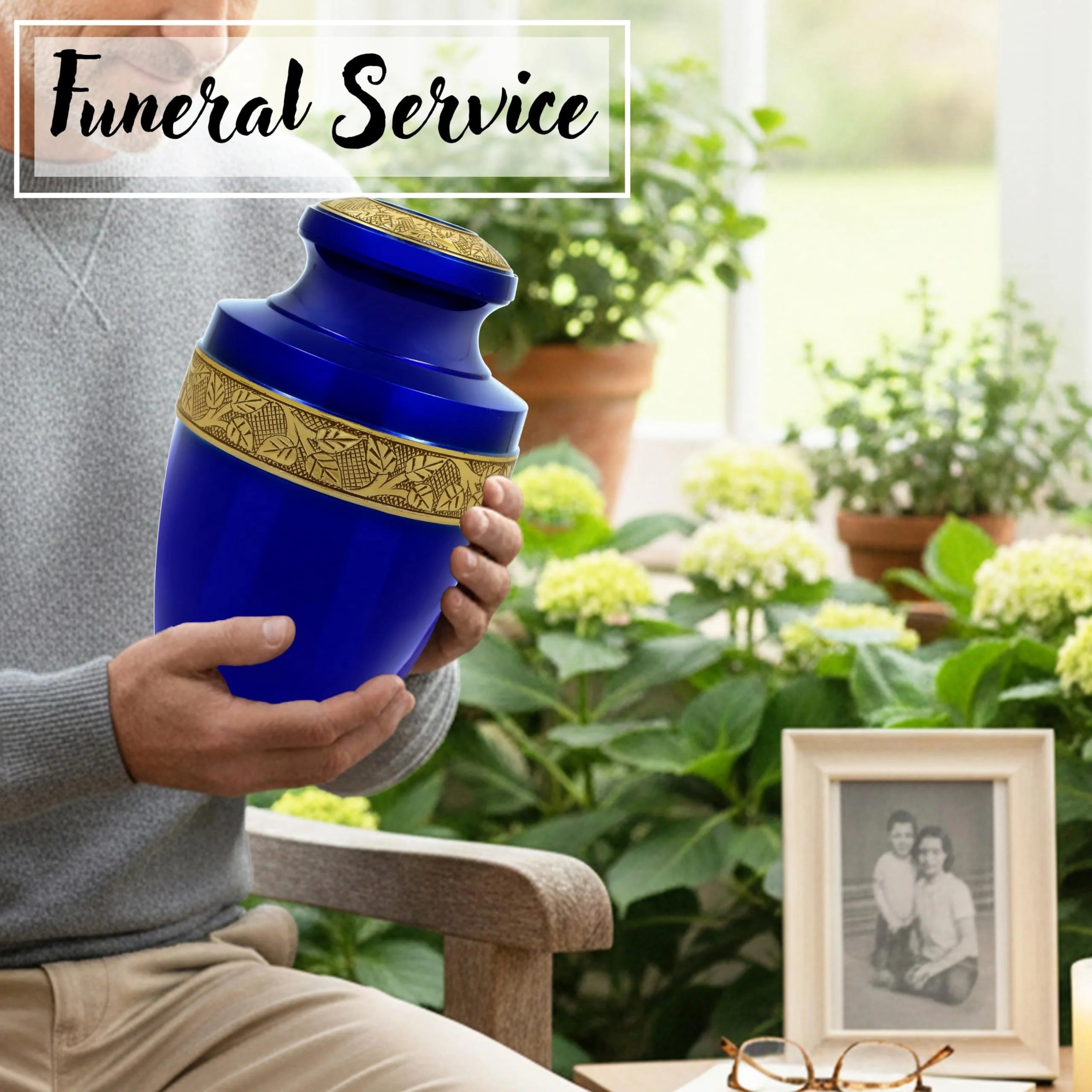 ALPHA Living HOME Urns for Human Ashes Adult Female and Male 200+ Cubic Inches, Decorative Burial Urn, Funeral Cremation Urns for Women and Men, Handcrafted Urn for Ashes Adult, 11" Blue Gold