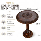 ALPHA Living Home Solid Wood End Table, Whitewash Carved Rim Small Round Side Table, 18 x 22 Inch Wooden Accent Nightstand for Living Room, Bedroom, Sofa Side & Bedside