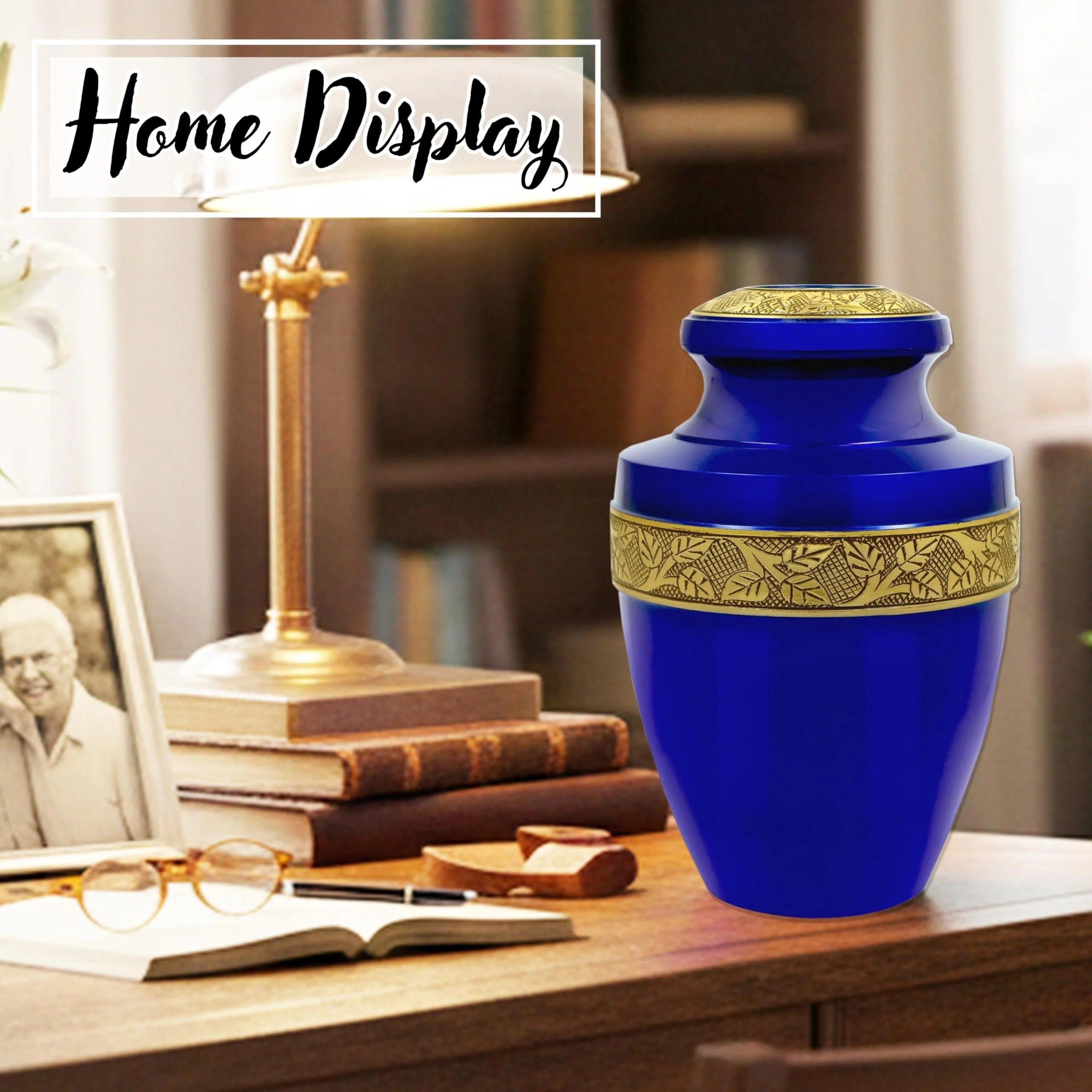 ALPHA Living HOME Urns for Human Ashes Adult Female and Male 200+ Cubic Inches, Decorative Burial Urn, Funeral Cremation Urns for Women and Men, Handcrafted Urn for Ashes Adult, 11" Blue Gold