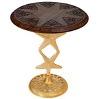 Solid Wood Round End Table with Gold Metal Base, Accent Side Table for Living Room, Bedroom & Small Spaces, Handcrafted Modern Nightstand, Walnut Finish