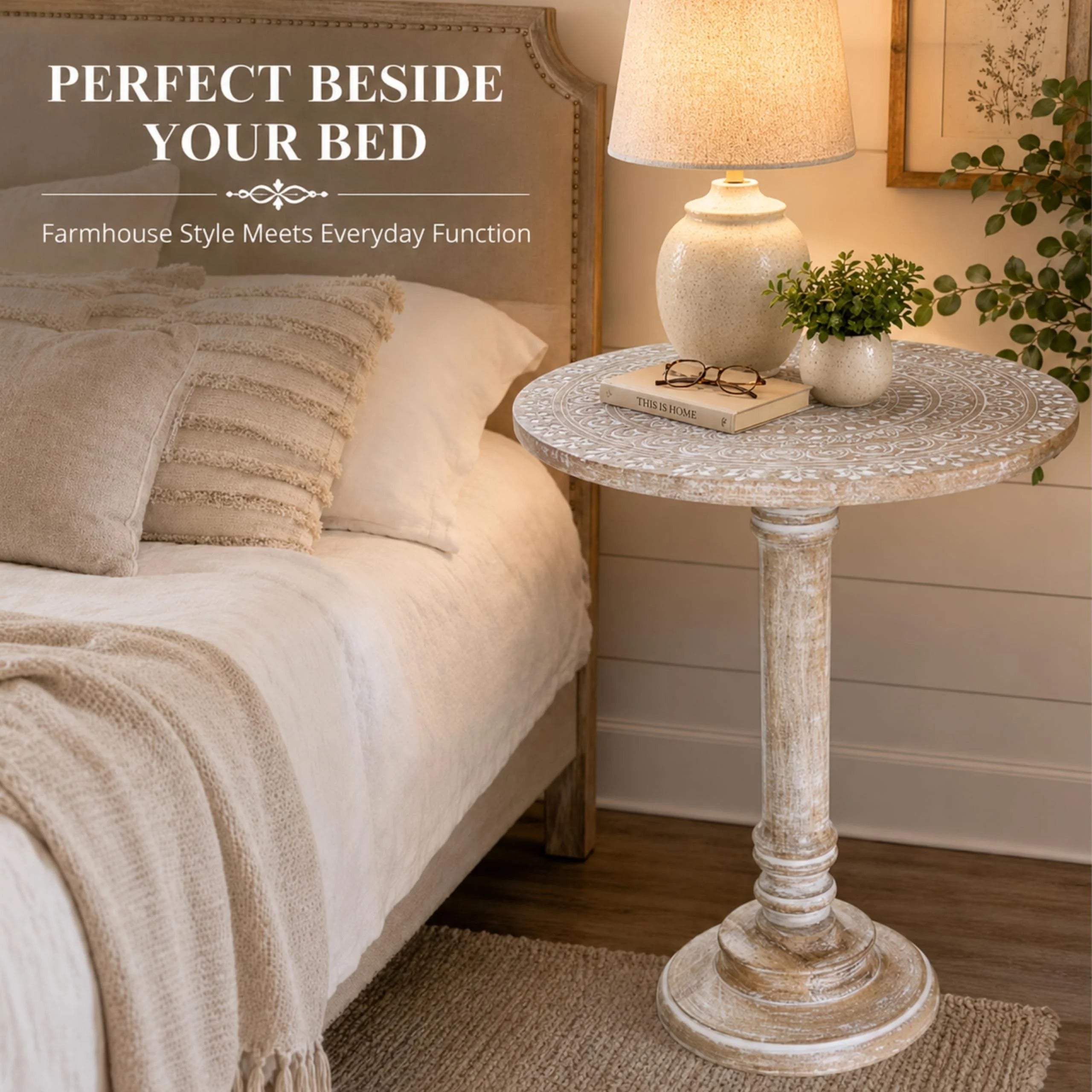 ALPHA Living Home Solid Wood End Table, Whitewash Mandala Small Round Side Table, 18 x 22 Inch Wooden Accent Nightstand for Living Room, Bedroom, Sofa Side & Bedside