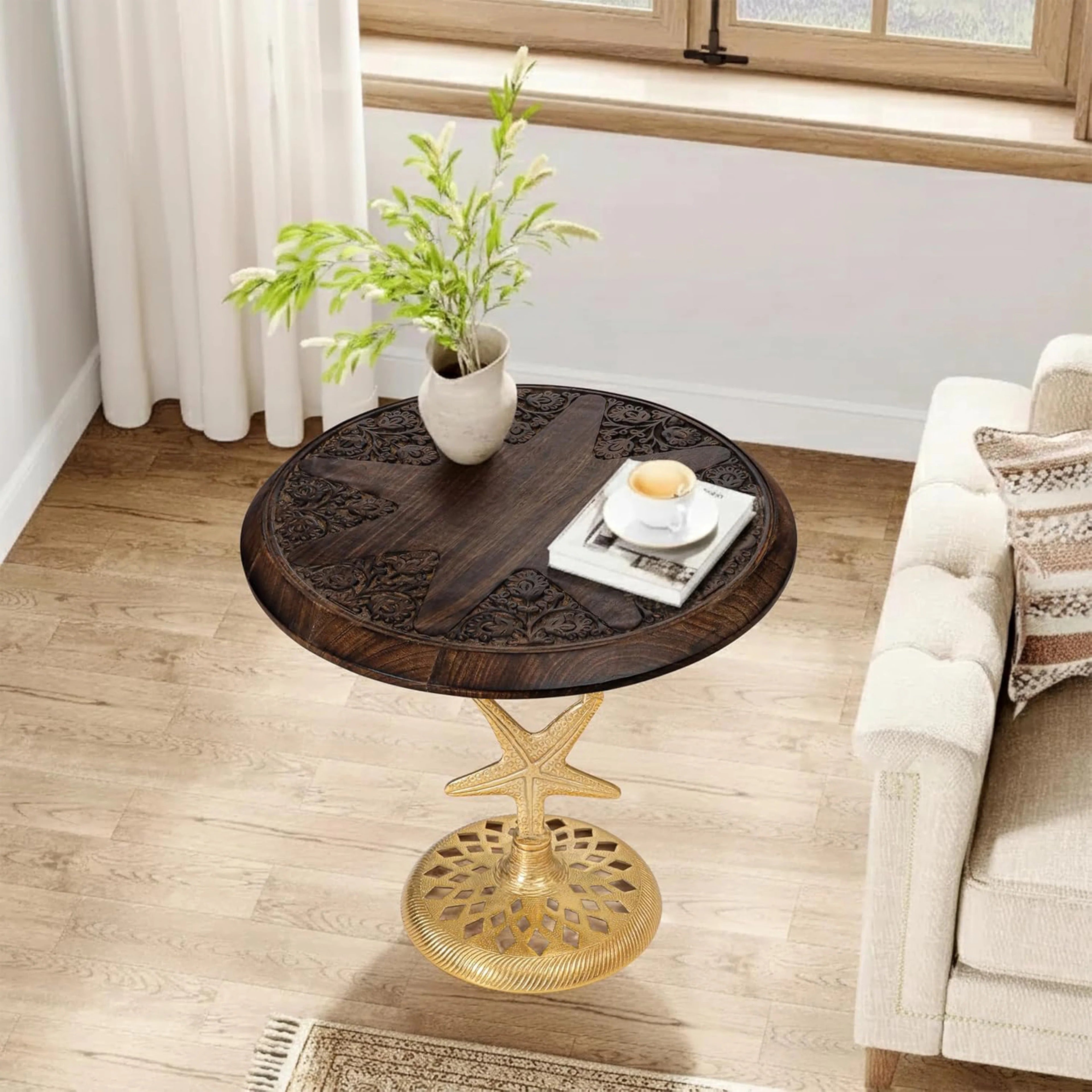 Solid Wood Round End Table with Gold Metal Base, Accent Side Table for Living Room, Bedroom & Small Spaces, Handcrafted Modern Nightstand, Walnut Finish