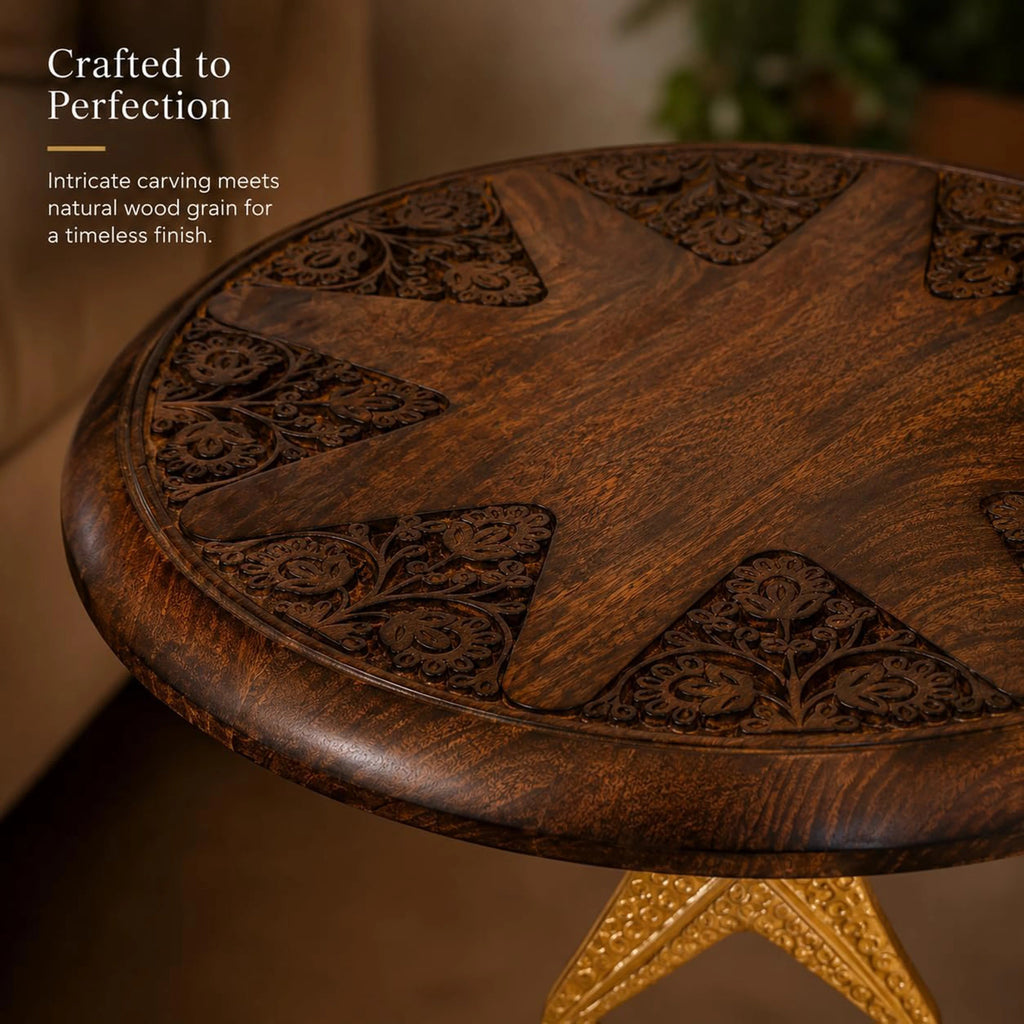 Solid Wood Round End Table with Gold Metal Base, Accent Side Table for Living Room, Bedroom & Small Spaces, Handcrafted Modern Nightstand, Walnut Finish