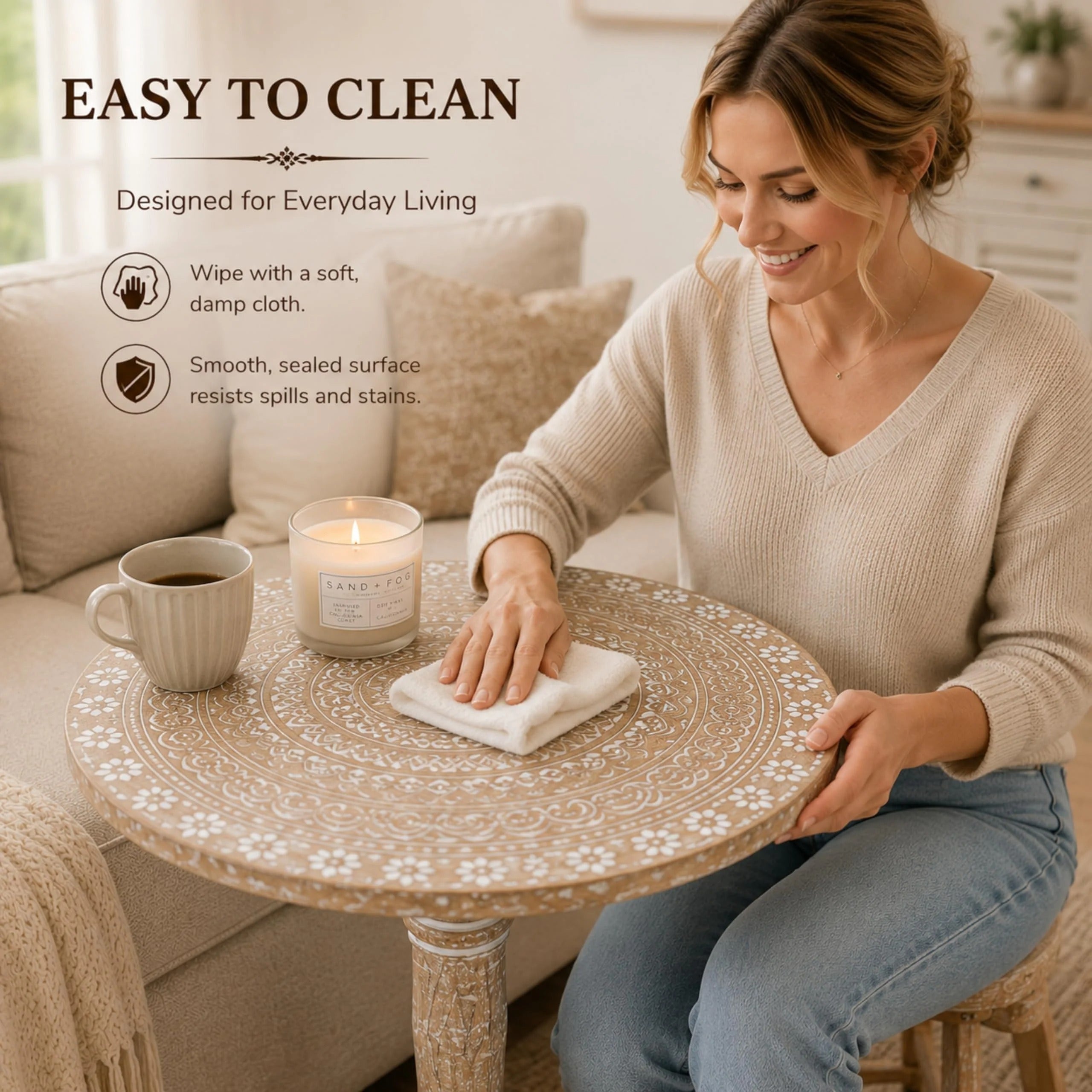 ALPHA Living Home Solid Wood End Table, Whitewash Mandala Small Round Side Table, 18 x 22 Inch Wooden Accent Nightstand for Living Room, Bedroom, Sofa Side & Bedside