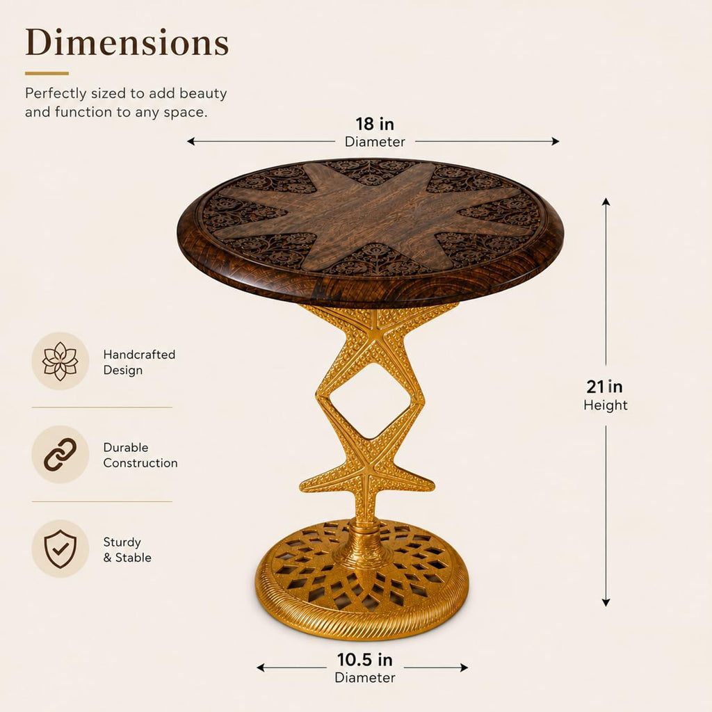 Solid Wood Round End Table with Gold Metal Base, Accent Side Table for Living Room, Bedroom & Small Spaces, Handcrafted Modern Nightstand, Walnut Finish