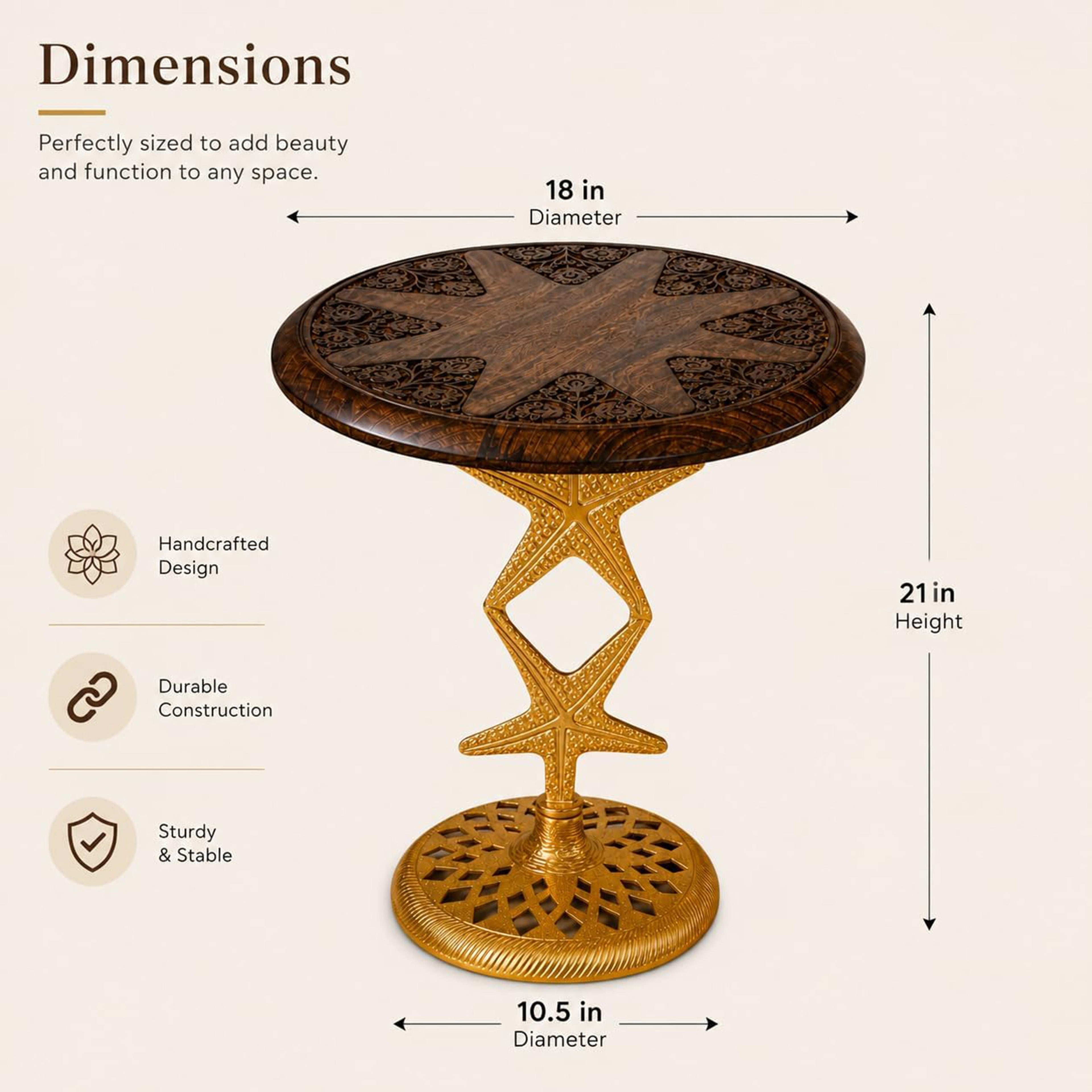 Solid Wood Round End Table with Gold Metal Base, Accent Side Table for Living Room, Bedroom & Small Spaces, Handcrafted Modern Nightstand, Walnut Finish