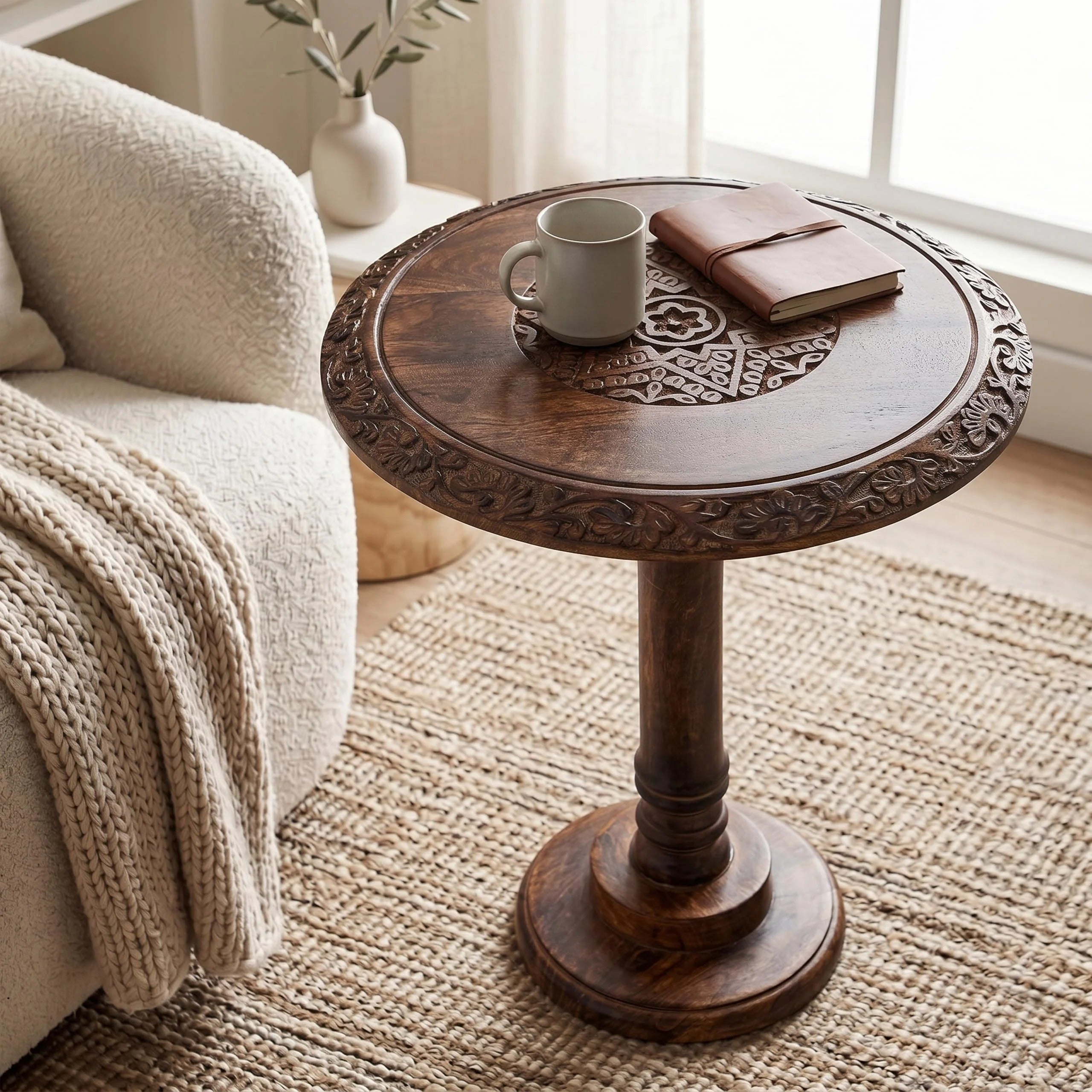 ALPHA Living Home Solid Wood End Table, Whitewash Carved Rim Small Round Side Table, 18 x 22 Inch Wooden Accent Nightstand for Living Room, Bedroom, Sofa Side & Bedside