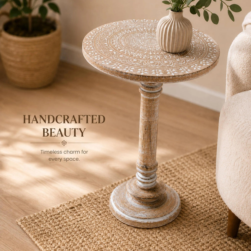 ALPHA Living Home Solid Wood End Table, Whitewash Mandala Small Round Side Table, 18 x 22 Inch Wooden Accent Nightstand for Living Room, Bedroom, Sofa Side & Bedside