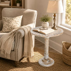 ALPHA Living Home Solid Wood End Table, Whitewash Mandala Small Round Side Table, 18 x 22 Inch Wooden Accent Nightstand for Living Room, Bedroom, Sofa Side & Bedside