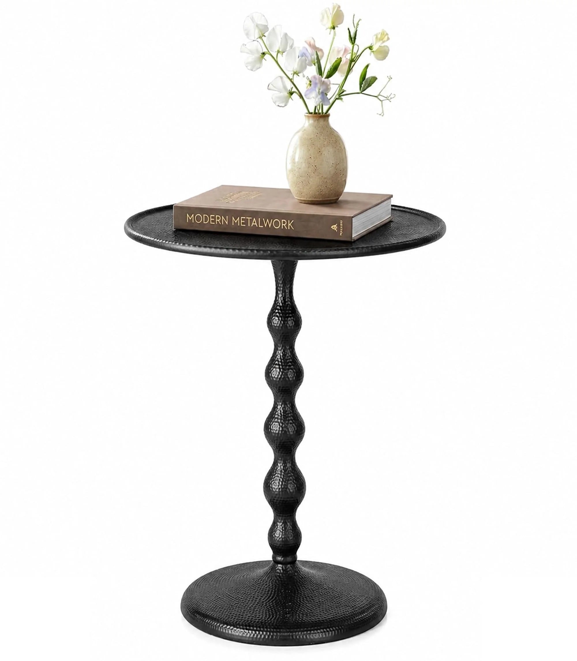 ALPHA Living Home Solid Wood End Table, Whitewash Carved Rim Small Round Side Table, 18 x 22 Inch Wooden Accent Nightstand for Living Room, Bedroom, Sofa Side & Bedside