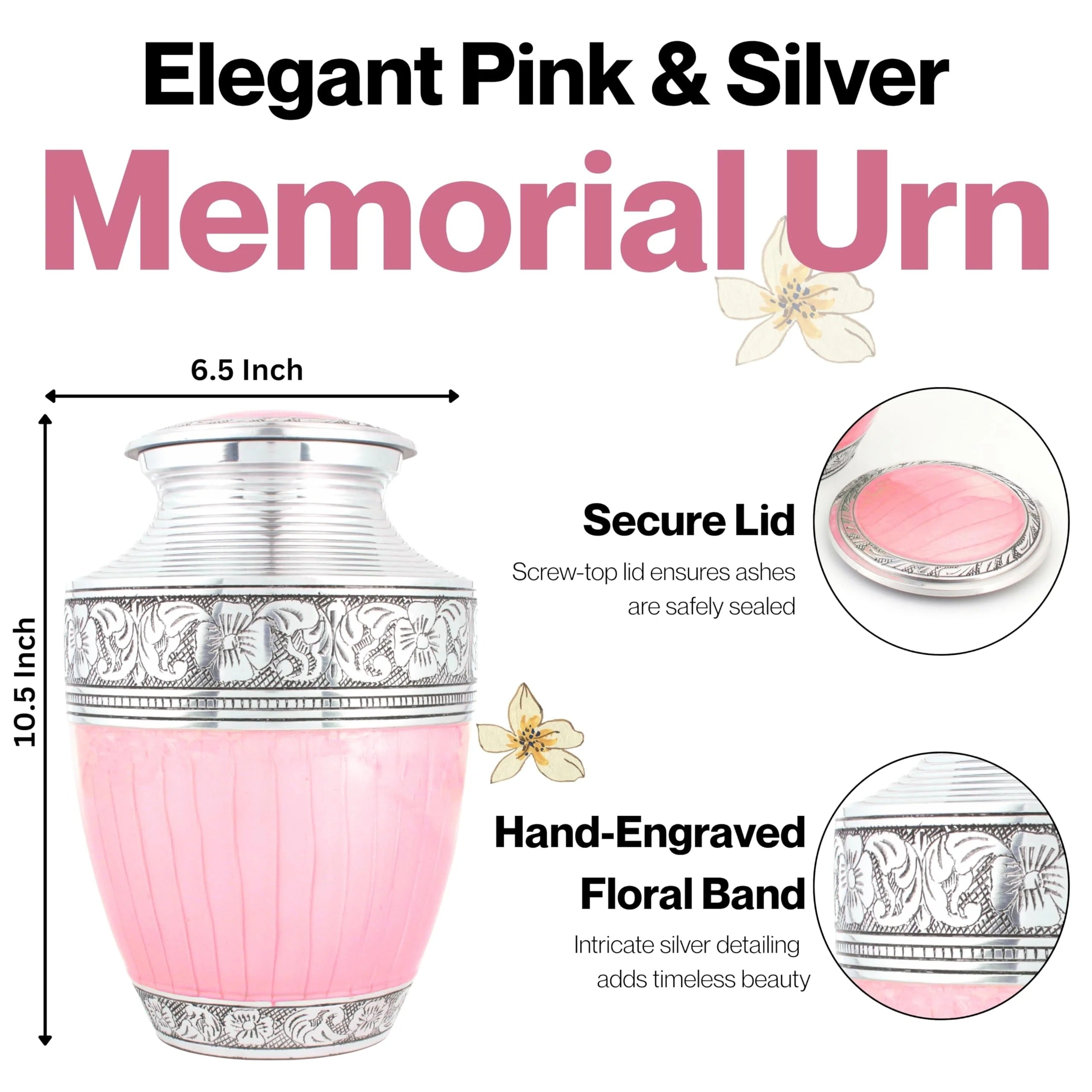 ALPHA Living HOME Cremation Urns for Human Ashes - Adult Metal Urn for Men or Women up to 200lbs - Handcrafted Memorial Burial Container - Suitable for Funeral or Display (Pink Silver)