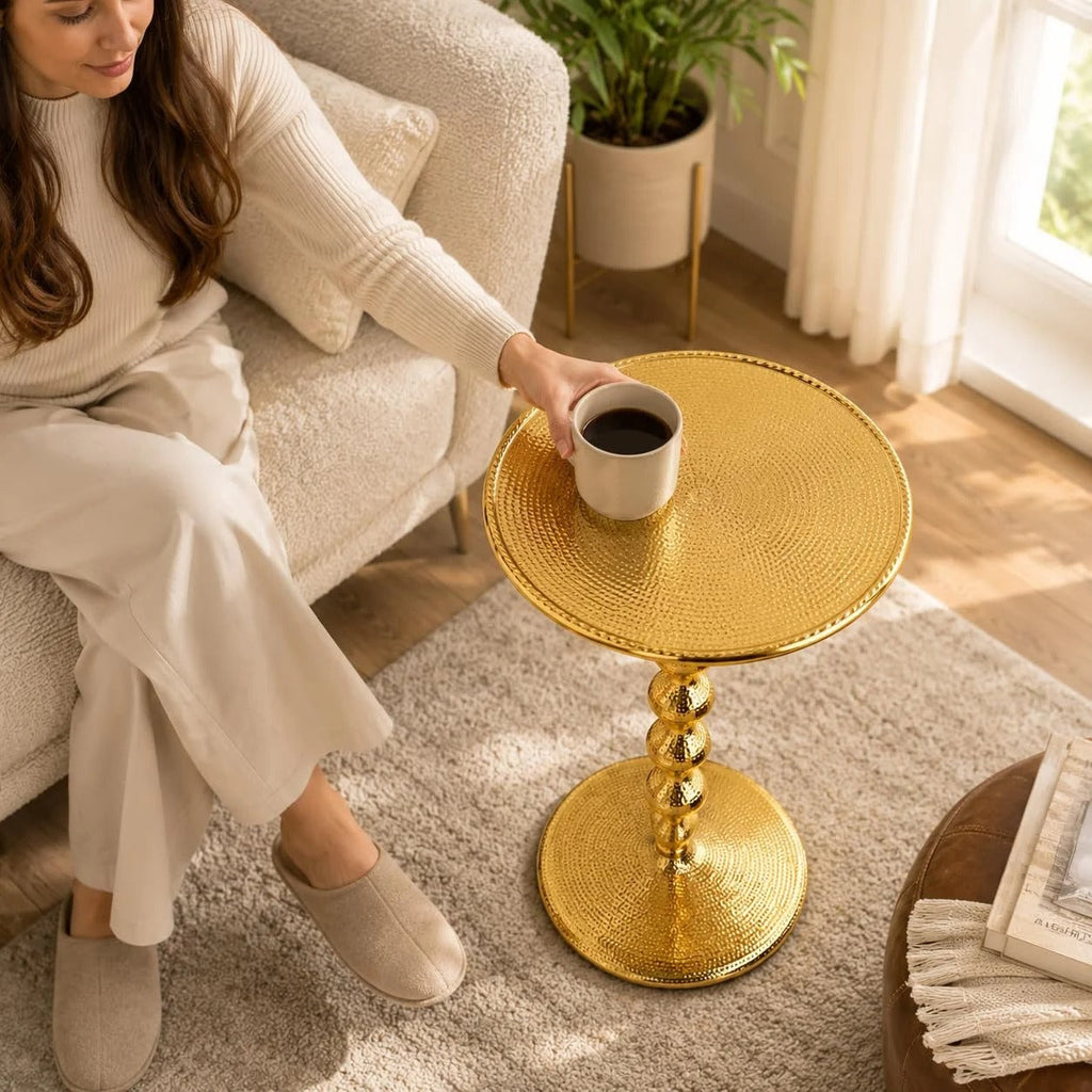Gold Accent Side Table, Round Pedestal Side Table for Living Room, Small Spaces, Bedroom & Sofa, Vintage Brass Style Drink Table, 15x22 Inch Height – Gold