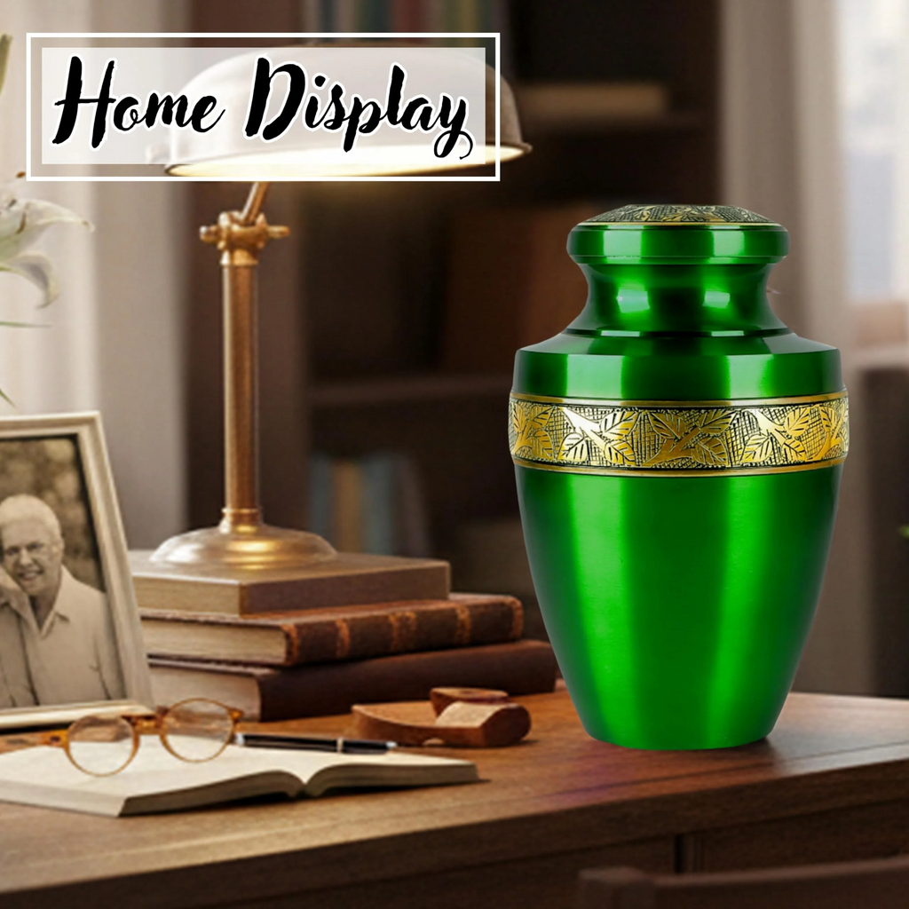 ALPHA Living HOME Cremation Urns for Human Ashes Adult – Handcrafted Metal Memorial Urn with Tree Engraving & Velvet Carry Bag, Decorative Funeral Burial Urn with Secure Screw Lid (Green & Gold)