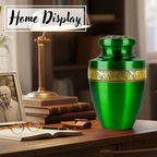 ALPHA Living HOME Cremation Urns for Human Ashes Adult – Handcrafted Metal Memorial Urn with Tree Engraving & Velvet Carry Bag, Decorative Funeral Burial Urn with Secure Screw Lid (Green & Gold)