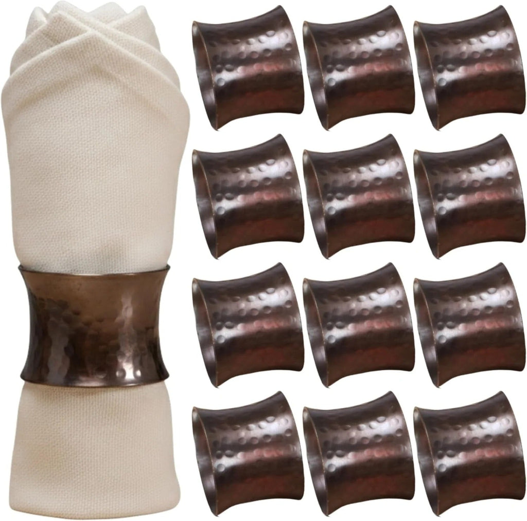 Decorative Metal Drum Napkin Rings Set of 12 - Modern Napkin Holders, Hammered Napkin Rings for Party Decoration, Dinning Table, Everyday, Family Gatherings (Bronze) - ALPHA Living HOME