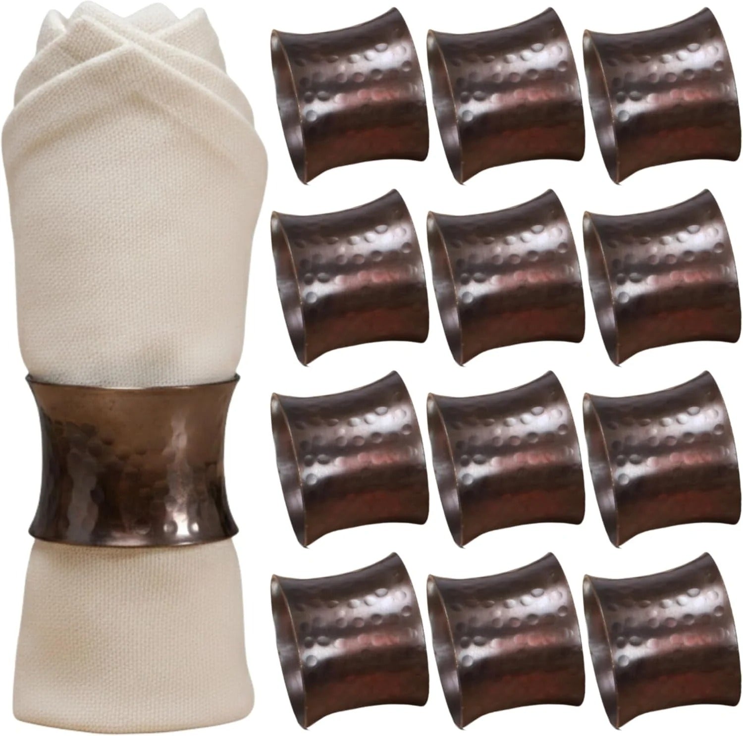 Decorative Metal Drum Napkin Rings Set of 12 - Modern Napkin Holders, Hammered Napkin Rings for Party Decoration, Dinning Table, Everyday, Family Gatherings (Bronze) - ALPHA Living HOME
