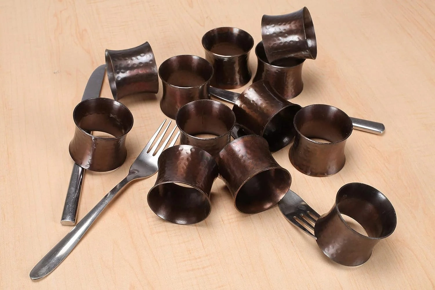 Decorative Metal Drum Napkin Rings Set of 12 - Modern Napkin Holders, Hammered Napkin Rings for Party Decoration, Dinning Table, Everyday, Family Gatherings (Bronze) - ALPHA Living HOME