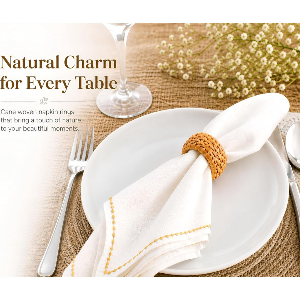 Artisan Cane Napkin Rings Set of 36, Earthy Woven Dinner Napkin Holders, Natural Bohemian Farmhouse Table Accessory for Dinner Parties & Everyday Use (Natural Brown)