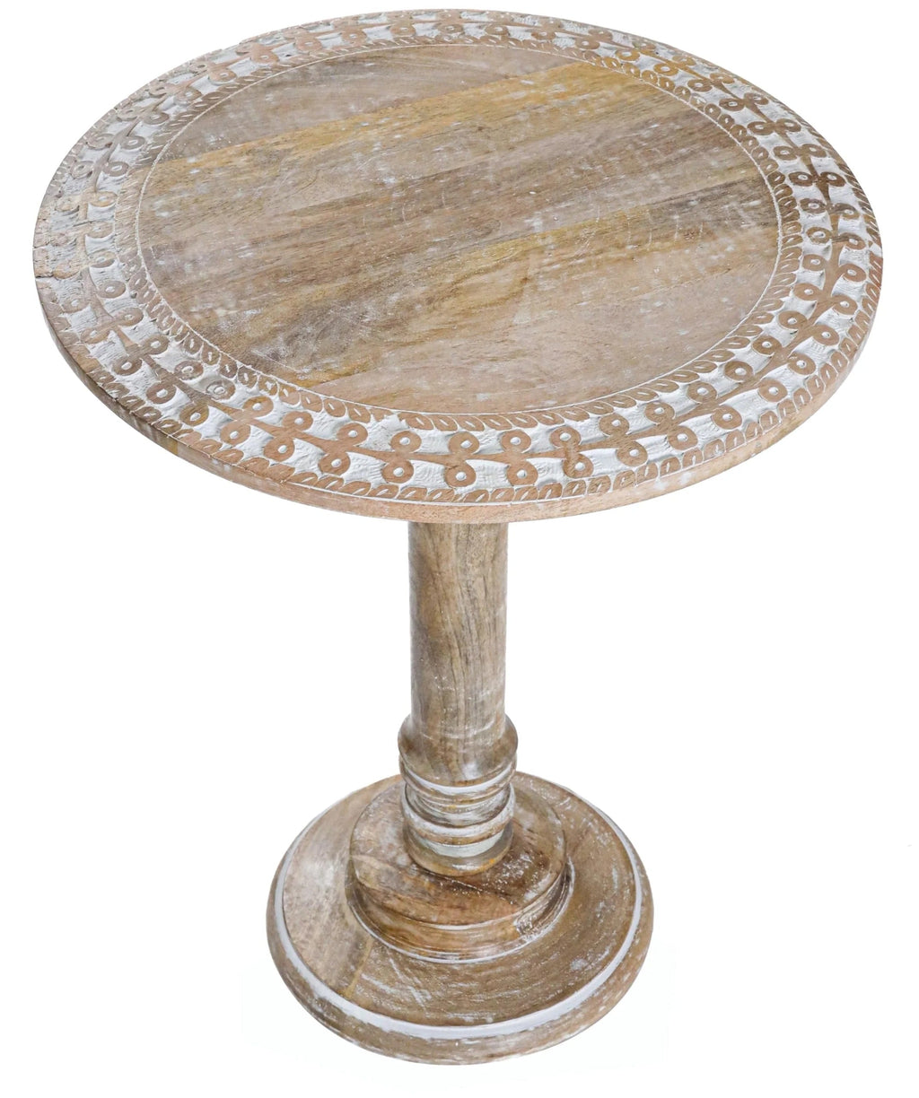 ALPHA Living Home Solid Wood End Table, Whitewash Carved Rim Small Round Side Table, 18 x 22 Inch Wooden Accent Nightstand for Living Room, Bedroom, Sofa Side & Bedside