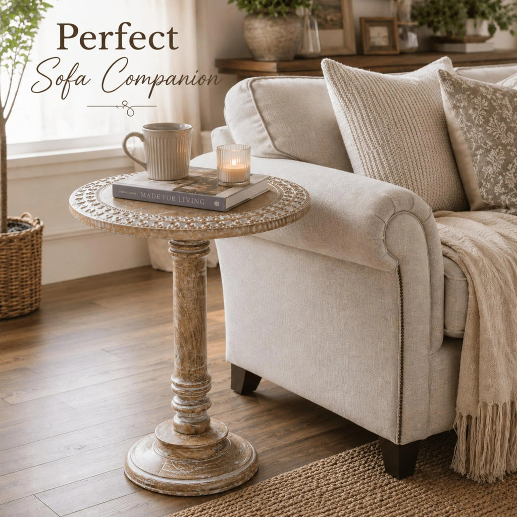 ALPHA Living Home Solid Wood End Table, Whitewash Carved Rim Small Round Side Table, 18 x 22 Inch Wooden Accent Nightstand for Living Room, Bedroom, Sofa Side & Bedside