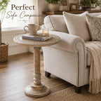 ALPHA Living Home Solid Wood End Table, Whitewash Carved Rim Small Round Side Table, 18 x 22 Inch Wooden Accent Nightstand for Living Room, Bedroom, Sofa Side & Bedside