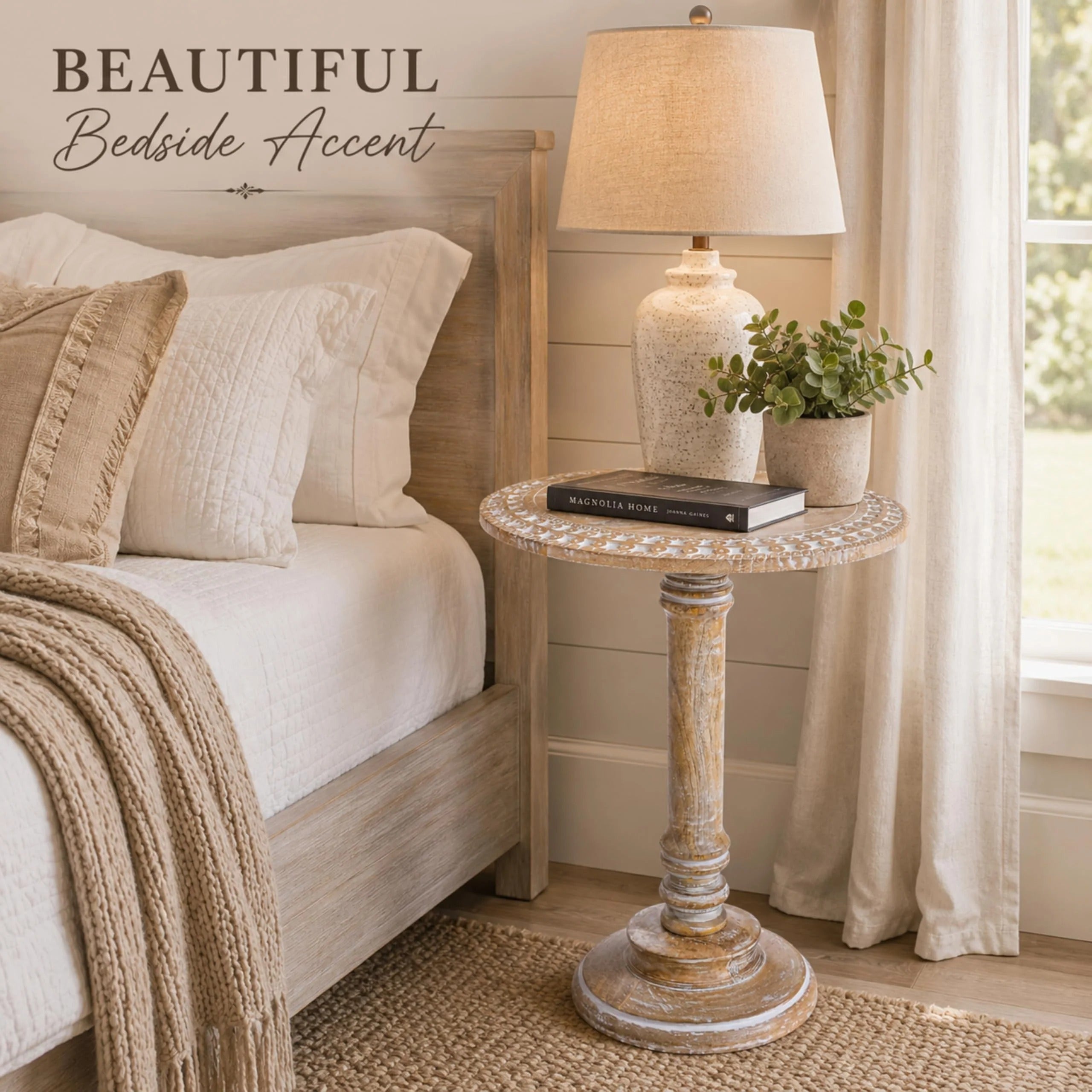ALPHA Living Home Solid Wood End Table, Whitewash Carved Rim Small Round Side Table, 18 x 22 Inch Wooden Accent Nightstand for Living Room, Bedroom, Sofa Side & Bedside