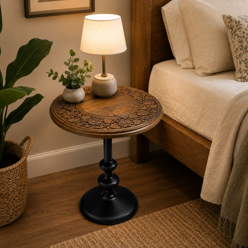 ALPHA Living HOME Solid Wood with Aluminum End Table for Living Room, Rustic Wooden Side Table, Small Accent Table for Sofa Side, Bedside Nightstand for Bedroom, Farmhouse Home Décor- Brown/Black